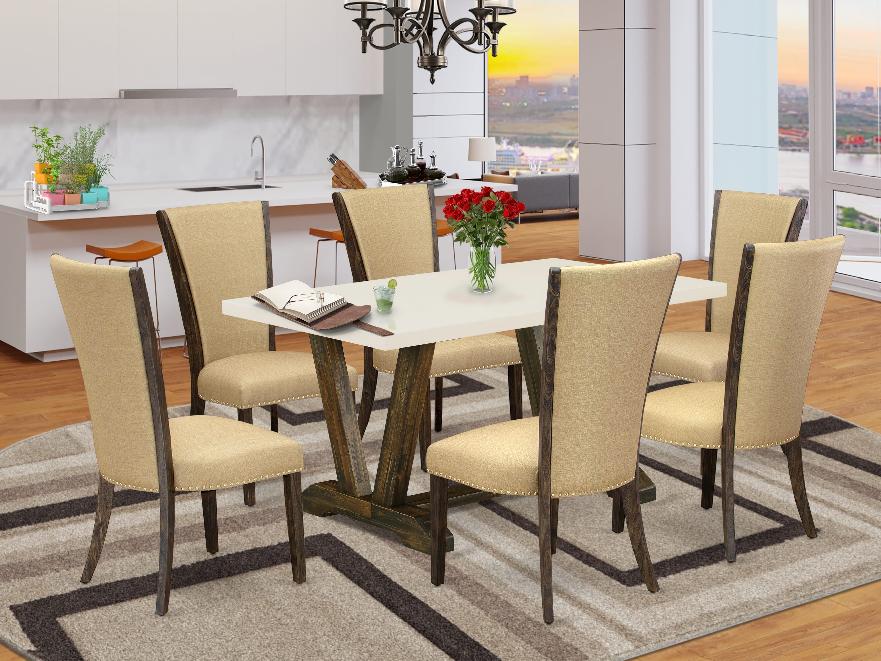 East West Furniture V726VE703-7 7Pc Kitchen Table Set Contains a Dining Room Table and 6 Parson Dining Chairs with Brown Color Linen Fabric, Medium Size Table with Full Back Chairs, Distressed Jacobean and Linen White Finish