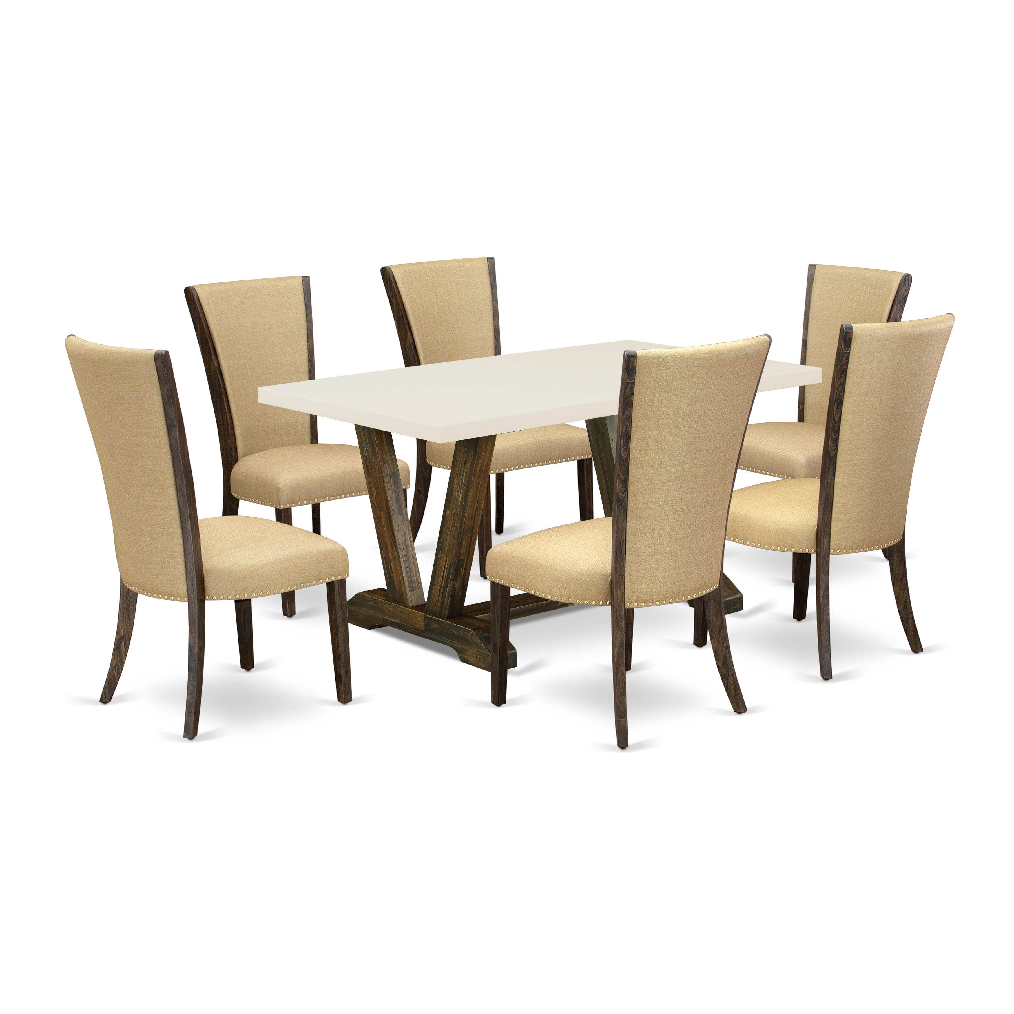 East West Furniture V726VE703-7 7Pc Kitchen Table Set Contains a Dining Room Table and 6 Parson Dining Chairs with Brown Color Linen Fabric, Medium Size Table with Full Back Chairs, Distressed Jacobean and Linen White Finish