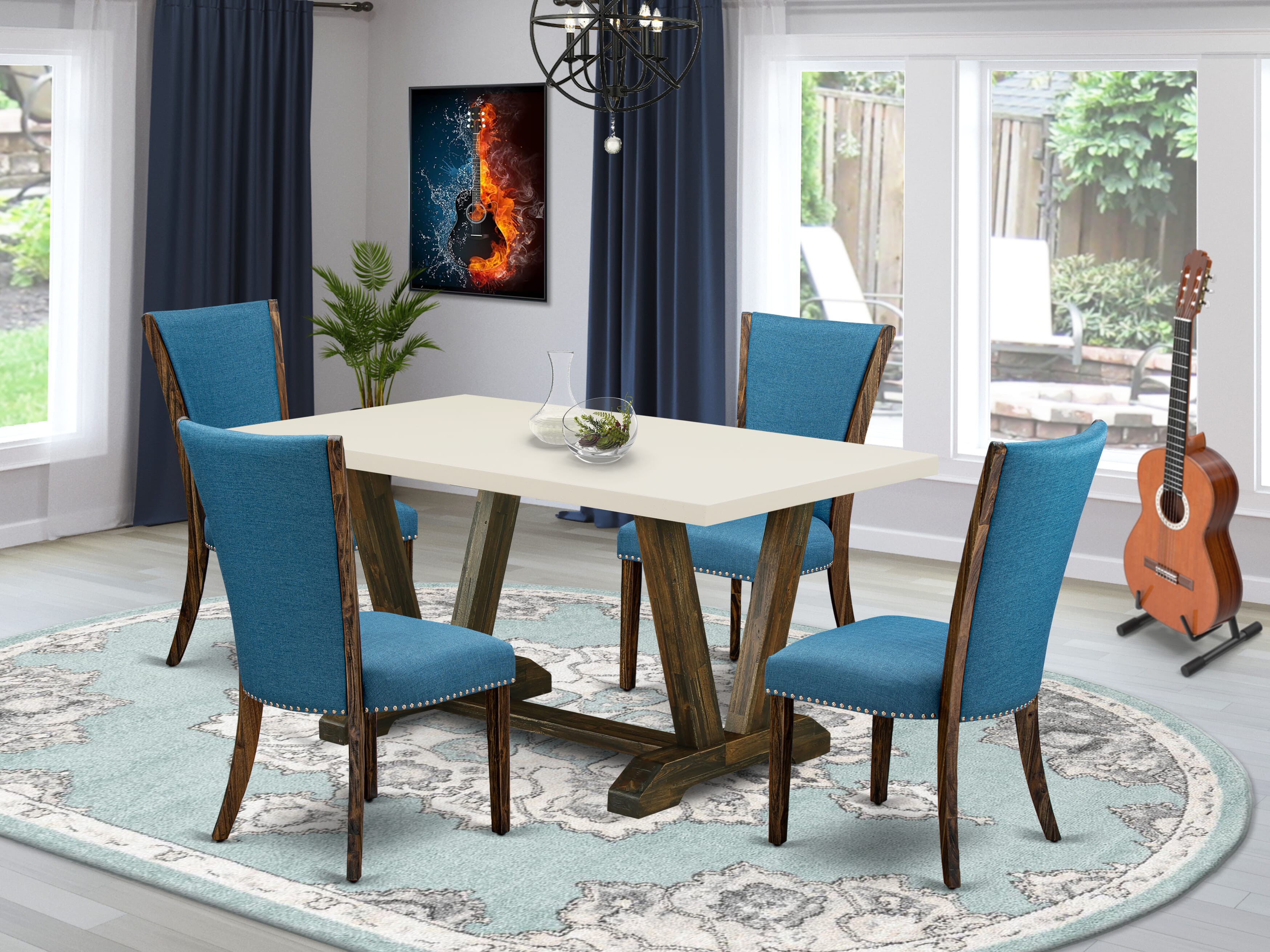 El juego de mesa de comedor moderno de 5 piezas East West Furniture V726VE721-5 incluye una mesa rectangular de madera con patas en V y 4 sillas de comedor Parson de tela de lino de color azul.