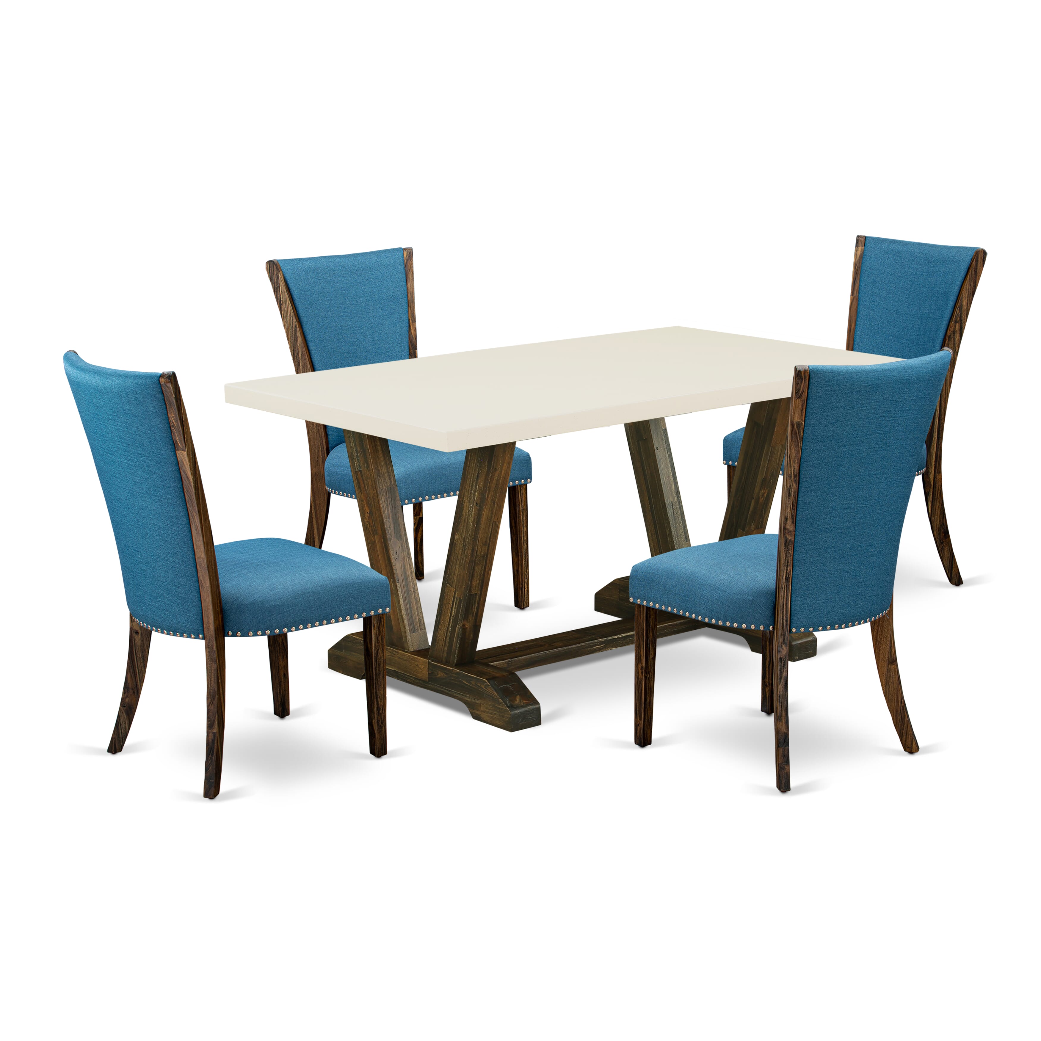 El juego de mesa de comedor moderno de 5 piezas East West Furniture V726VE721-5 incluye una mesa rectangular de madera con patas en V y 4 sillas de comedor Parson de tela de lino de color azul.