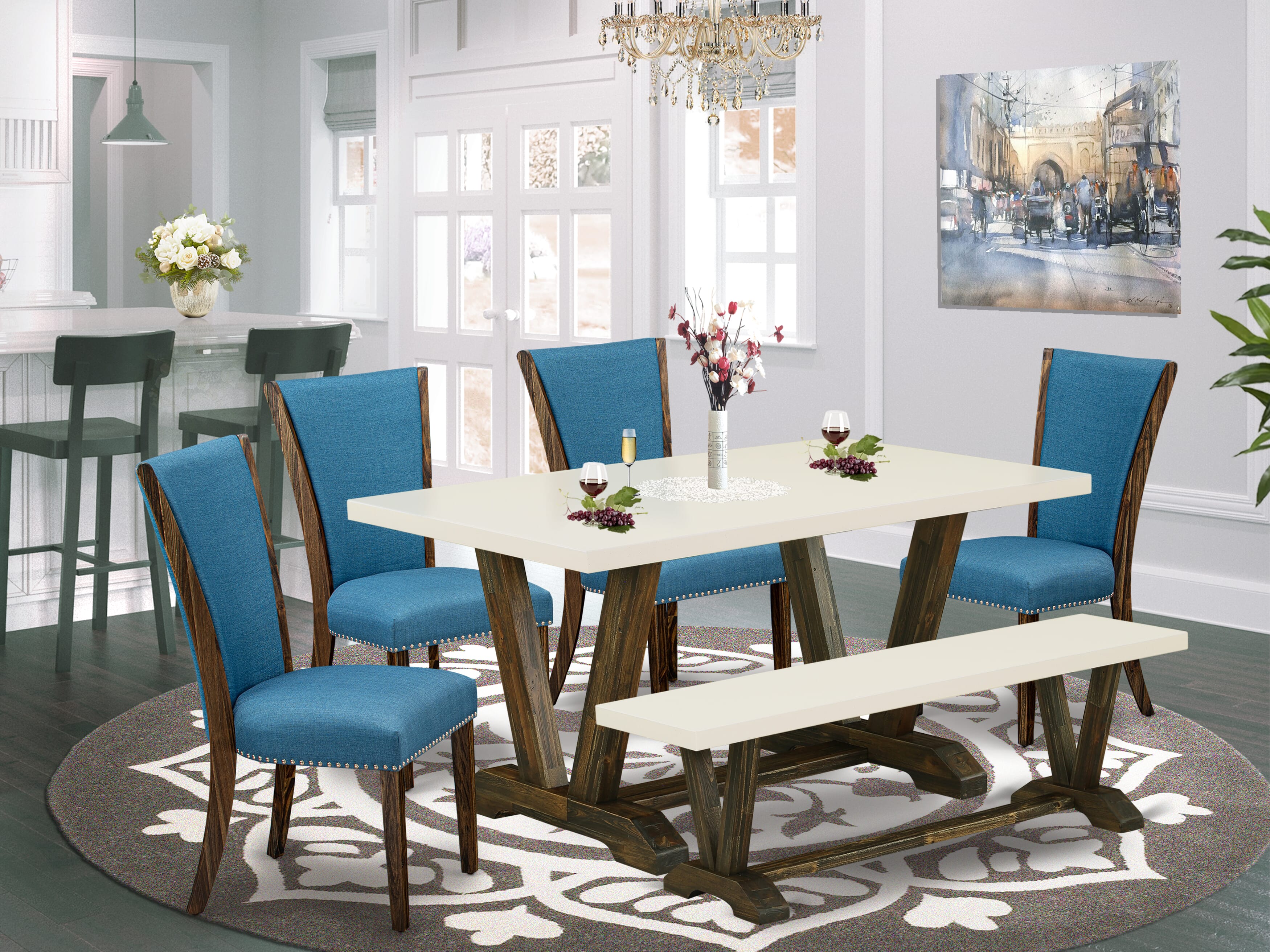 Juego de comedor de 6 piezas East West Furniture V726VE721-6 que incluye una mesa de comedor rectangular con patas en V y 4 sillas tapizadas en tela de lino de color azul con un banco.