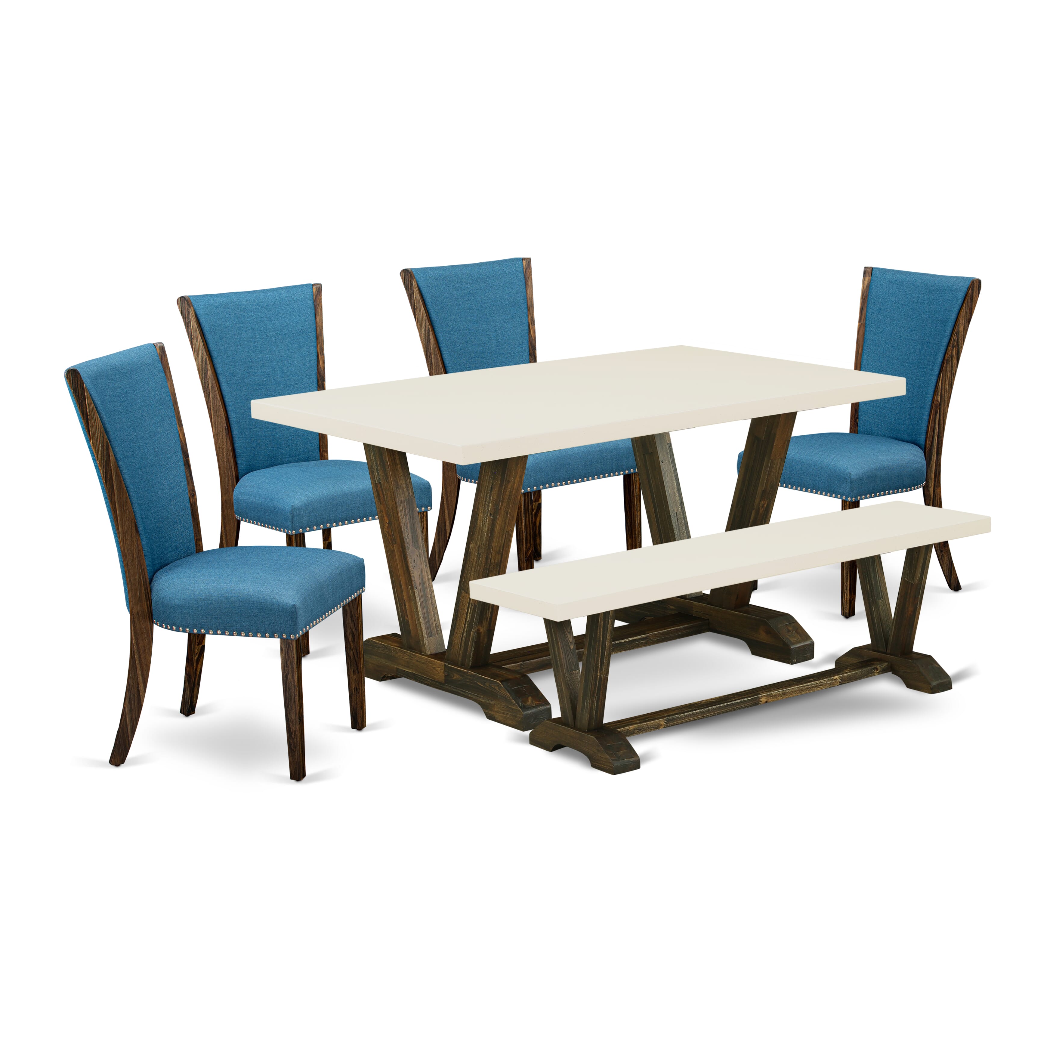 Juego de comedor de 6 piezas East West Furniture V726VE721-6 que incluye una mesa de comedor rectangular con patas en V y 4 sillas tapizadas en tela de lino de color azul con un banco.