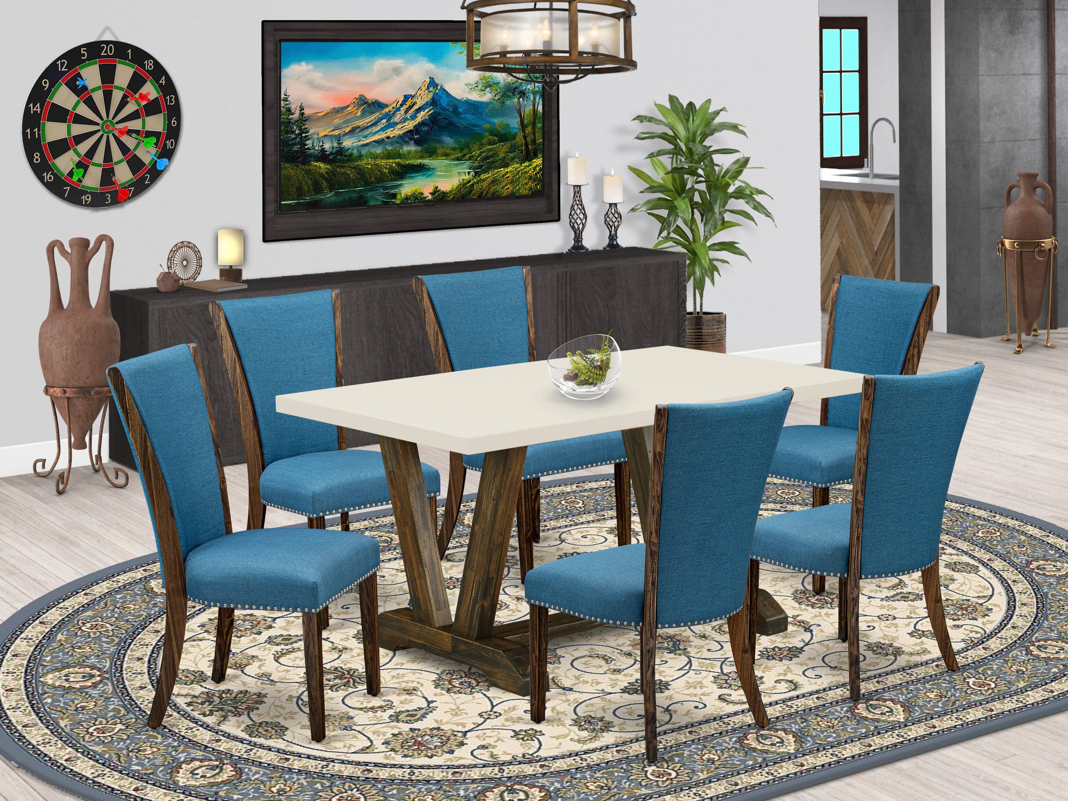 Juego de mesa de comedor moderna East West Furniture V726VE721-7 de 7 piezas compuesto por una mesa rectangular de madera con patas en V y 6 sillas de comedor Parsons de tela de lino azul.