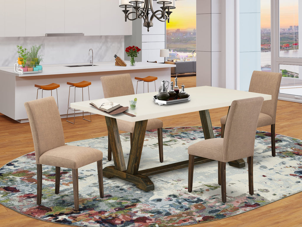East West Furniture V727AB747-5 5 Piece Kitchen Table Set for 4 Includes a Rectangle Dining Room Table with V-Legs and 4 Light Sable Linen Fabric Parsons Chairs