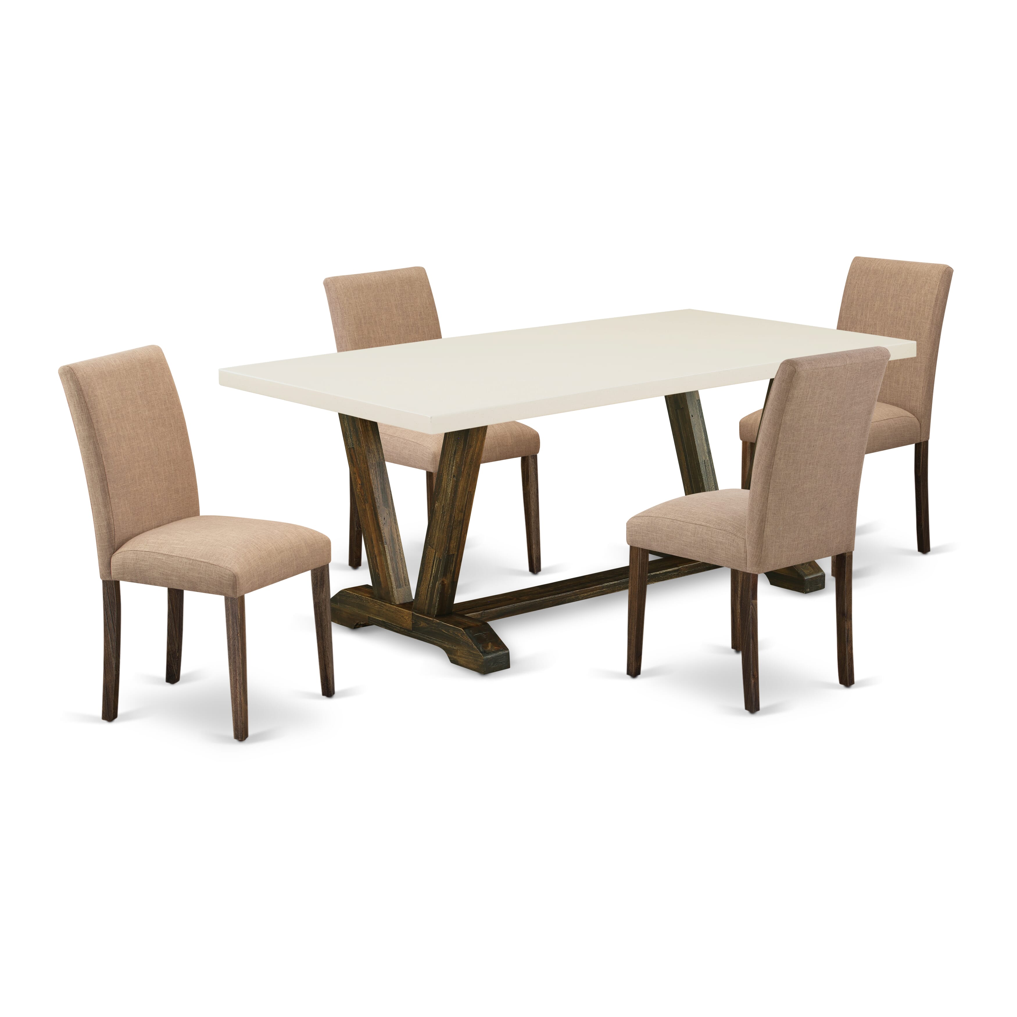 East West Furniture 5-Piece Dinette Set Includes 4 Modern Chairs with Upholstered Seat and High Back and a Rectangular Modern Dining Table - Distressed Jacobean Finish