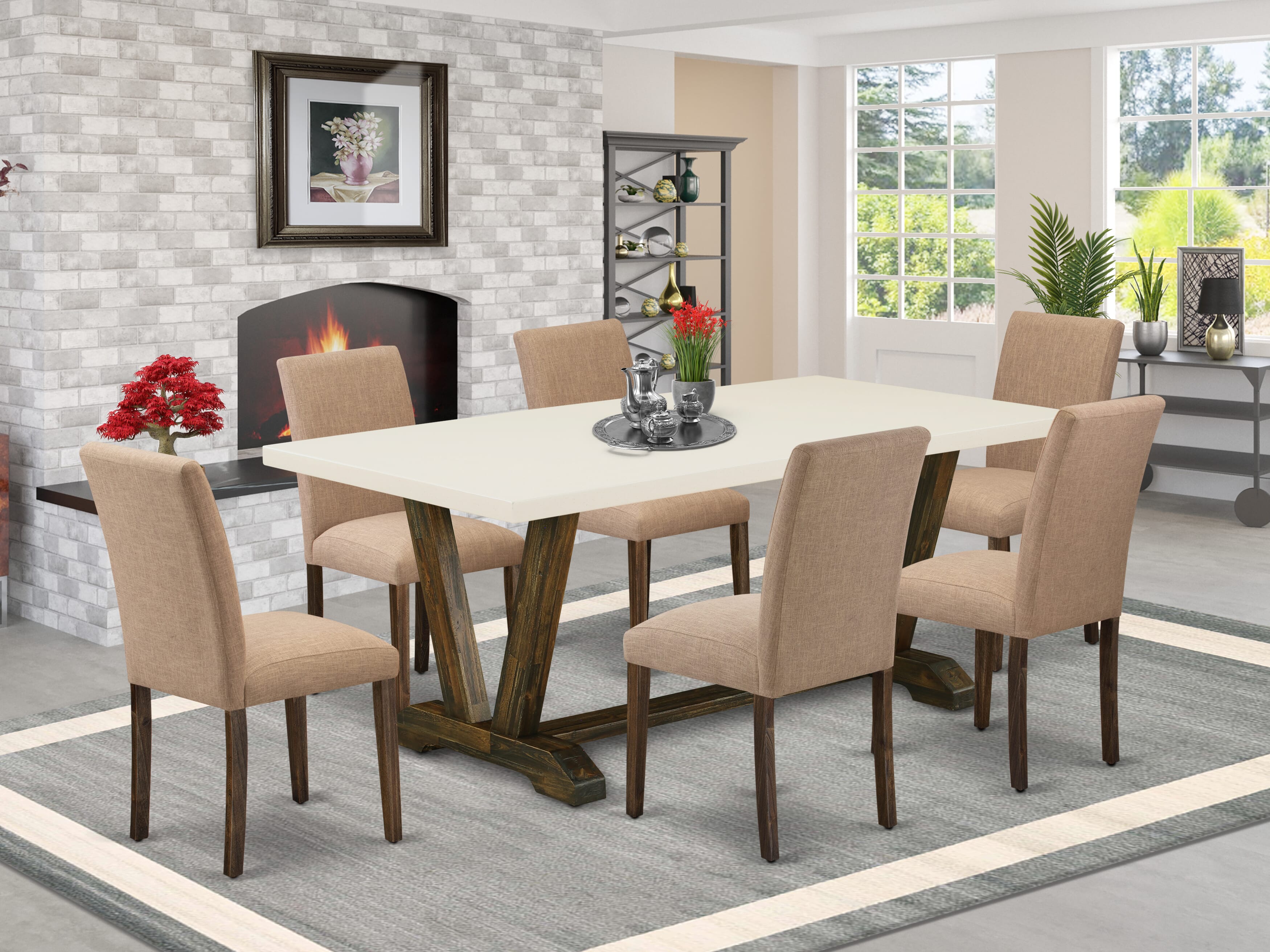 East West Furniture 7-Piece Dinette Set Includes 6 Modern Chairs with Upholstered Seat and High Back and a Rectangular Wooden Dining Table - Distressed Jacobean Finish