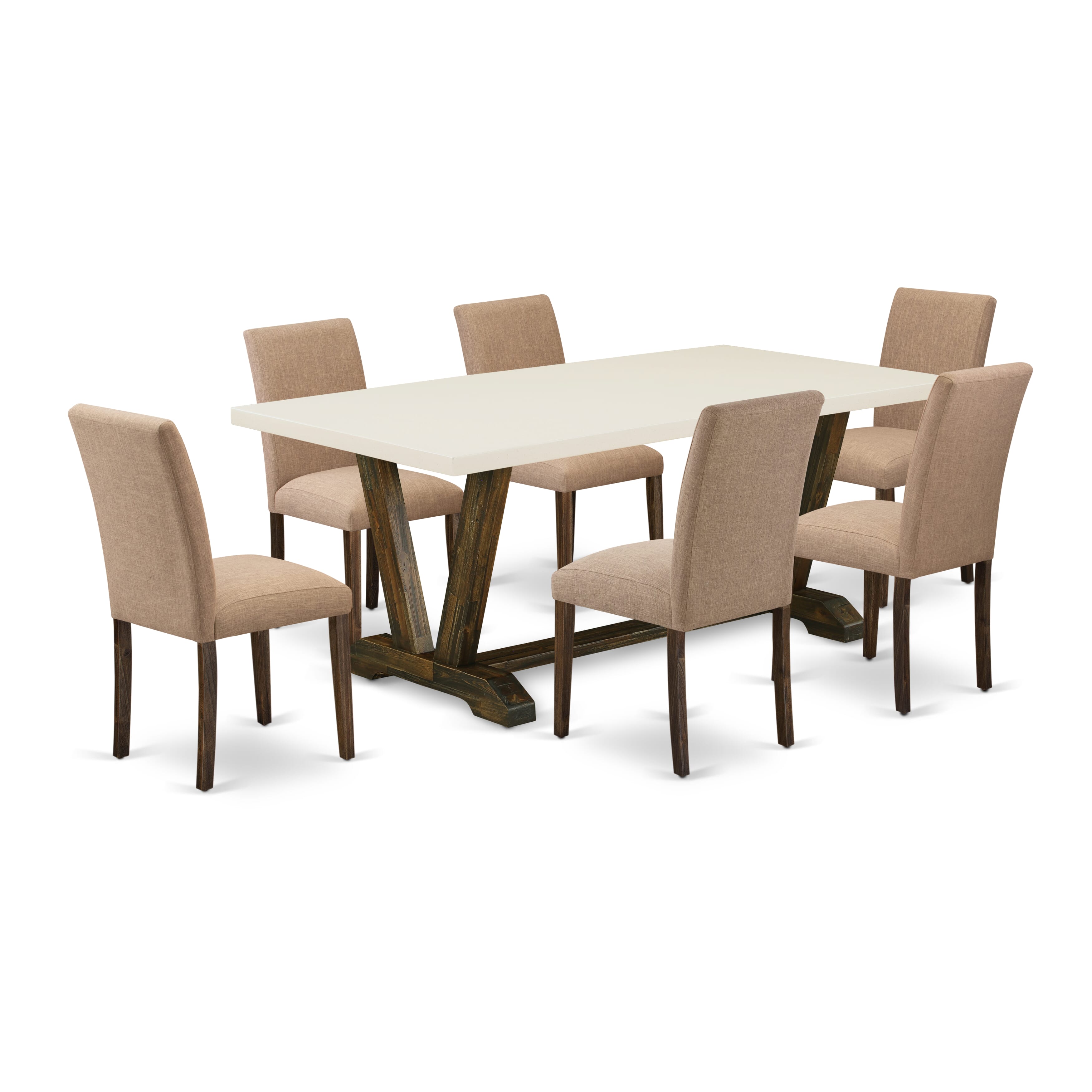 East West Furniture 7-Piece Dinette Set Includes 6 Modern Chairs with Upholstered Seat and High Back and a Rectangular Wooden Dining Table - Distressed Jacobean Finish