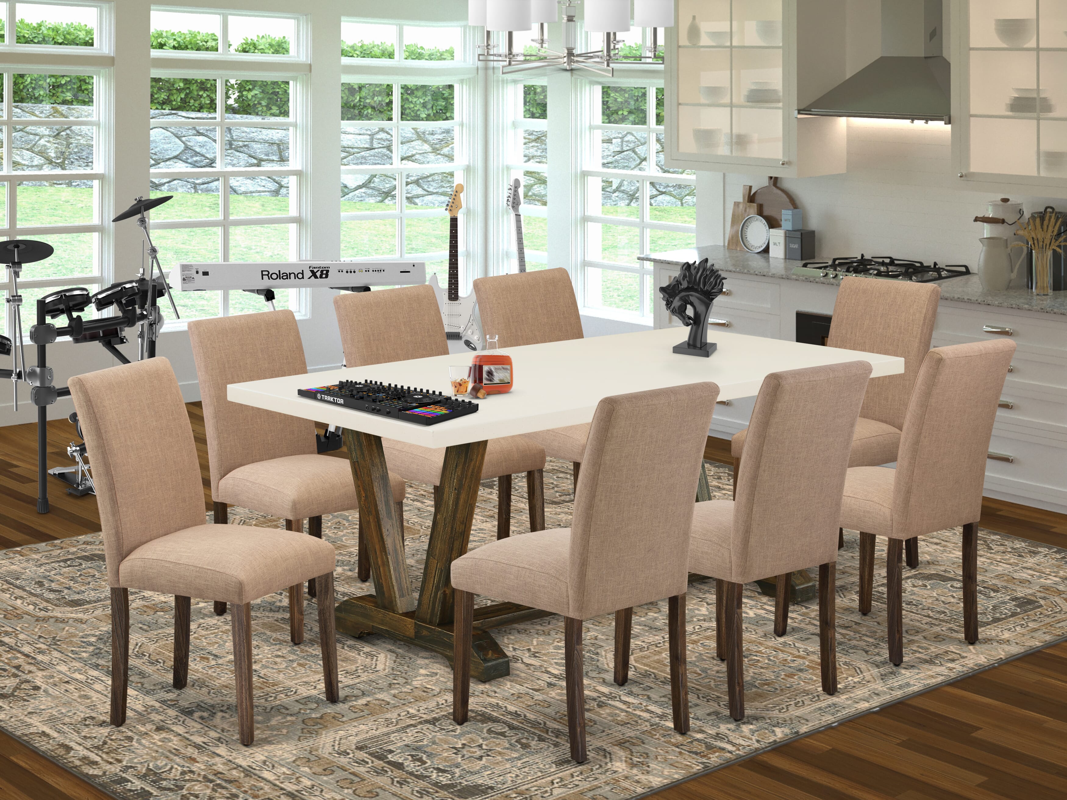 El juego de mesa de comedor de 9 piezas East West Furniture V727AB747-9 incluye una mesa de comedor rectangular con patas en V y 8 sillas tapizadas en tela de lino color sable claro.