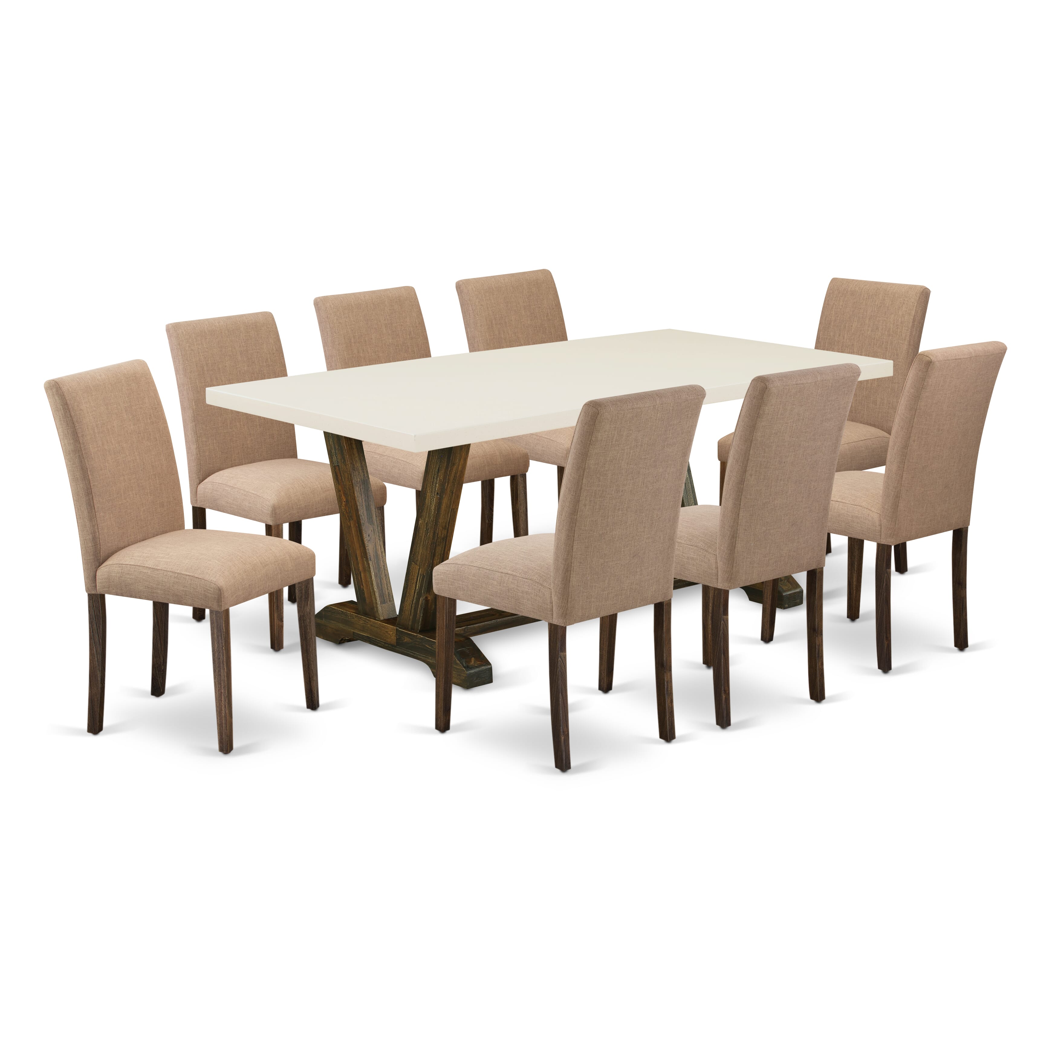 El juego de mesa de comedor de 9 piezas East West Furniture V727AB747-9 incluye una mesa de comedor rectangular con patas en V y 8 sillas tapizadas en tela de lino color sable claro.