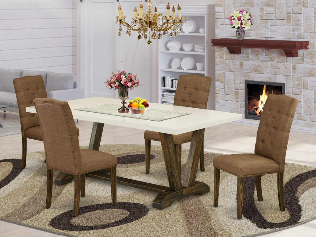 El juego de mesa de comedor de 5 piezas East West Furniture V727EL718-5 incluye una mesa de comedor rectangular con patas en V y 4 sillas Parsons de tela de lino marrón.