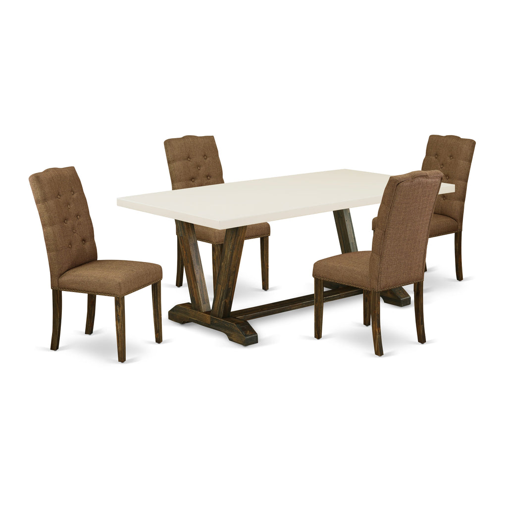 El juego de mesa de comedor de 5 piezas East West Furniture V727EL718-5 incluye una mesa de comedor rectangular con patas en V y 4 sillas Parsons de tela de lino marrón.