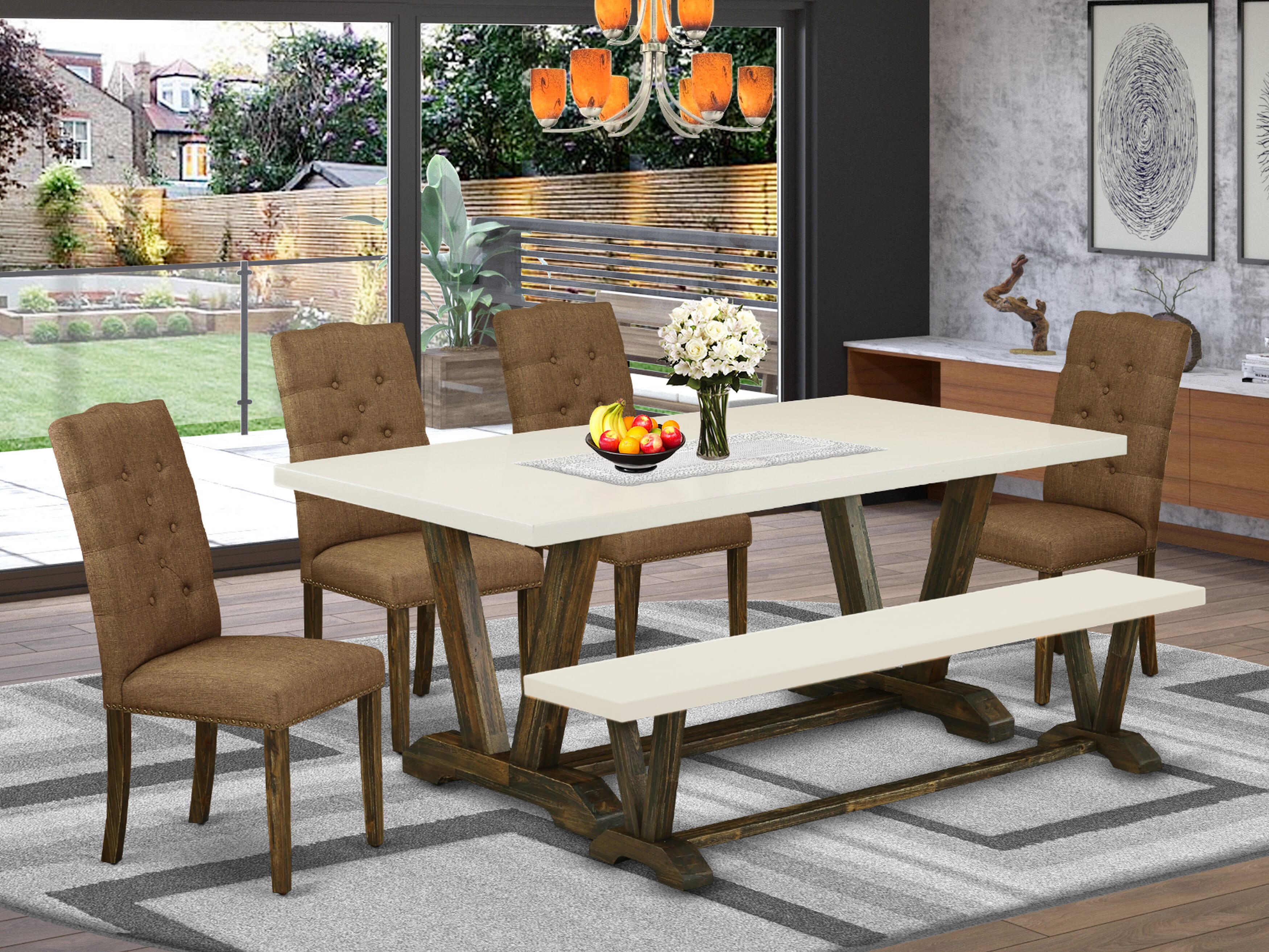 East West Furniture V727EL718-6 6-Pc Dining Set-Brown Beige Linen Fabric Seat and Button Tufted Chair Back Parson Dining chairs, A Rectangular Bench and Rectangular top Modern Dining Table with Solid Wood Legs - linen white and Distressed Jacobean Finish