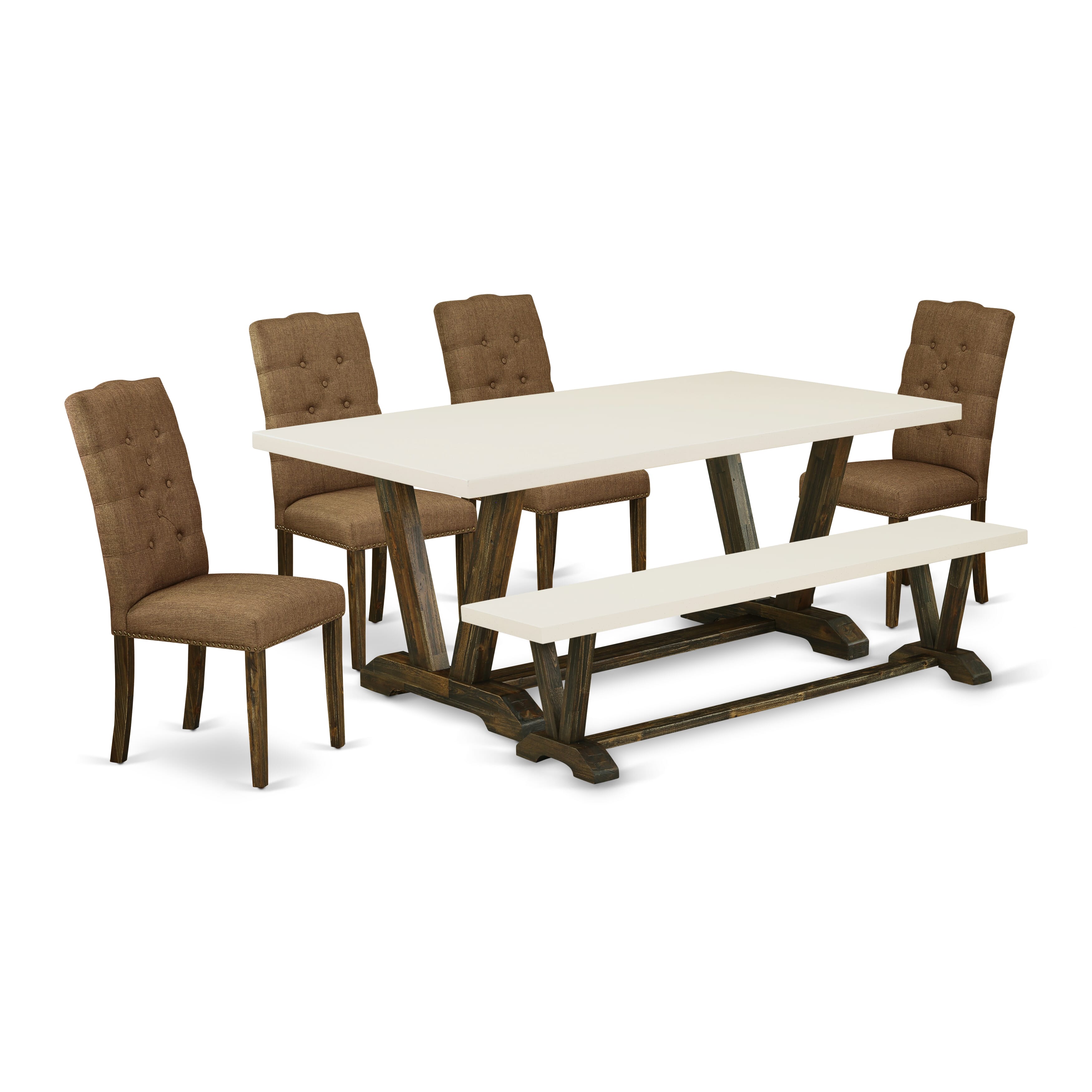 East West Furniture V727EL718-6 6-Pc Dining Set-Brown Beige Linen Fabric Seat and Button Tufted Chair Back Parson Dining chairs, A Rectangular Bench and Rectangular top Modern Dining Table with Solid Wood Legs - linen white and Distressed Jacobean Finish