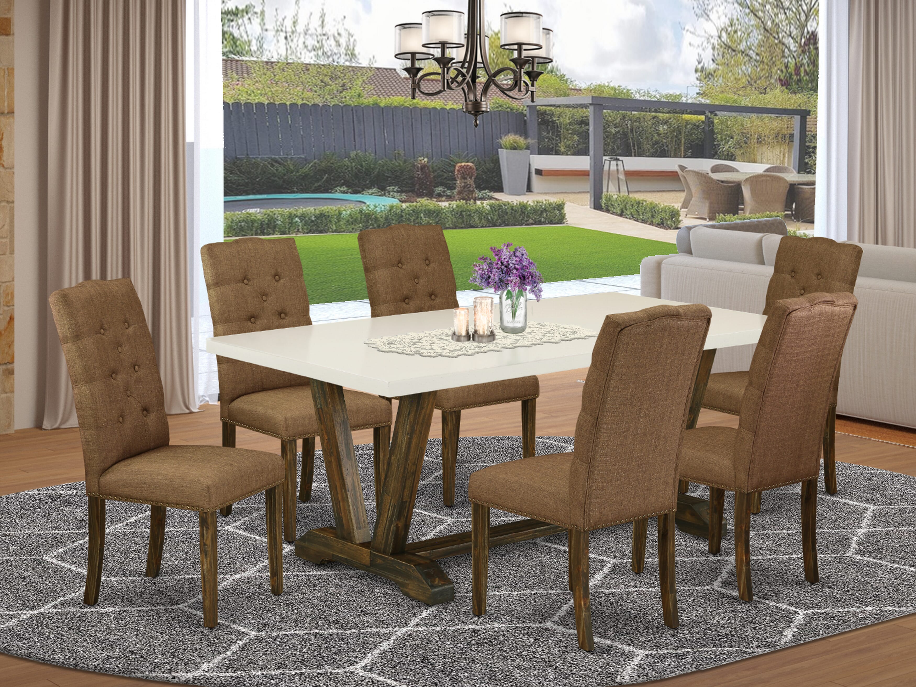 East West Furniture V727EL718-7 7-Piece a Beautiful linen white Dining Table top and 6 Gorgeous Parson Dining chairs with Nail Heads and Button Tufted, Distressed Jacobean Finish