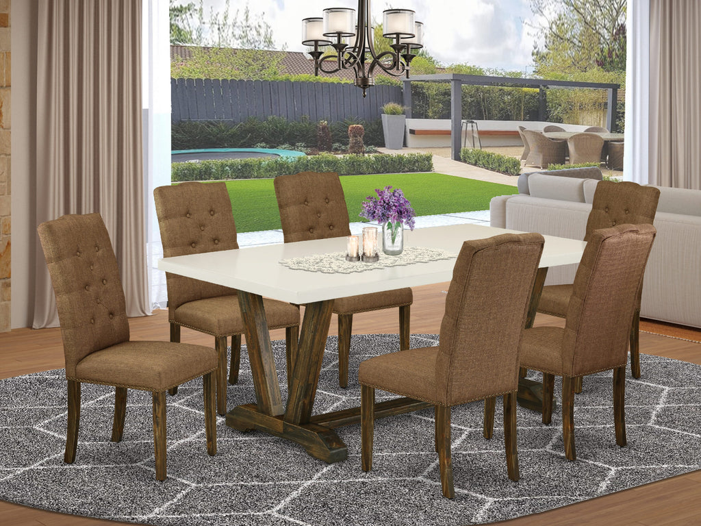 Juego de mesa de comedor moderna de 7 piezas East West Furniture V727EL718-7 compuesto por una mesa rectangular de madera con patas en V y 6 sillas de comedor Parson de tela de lino marrón.