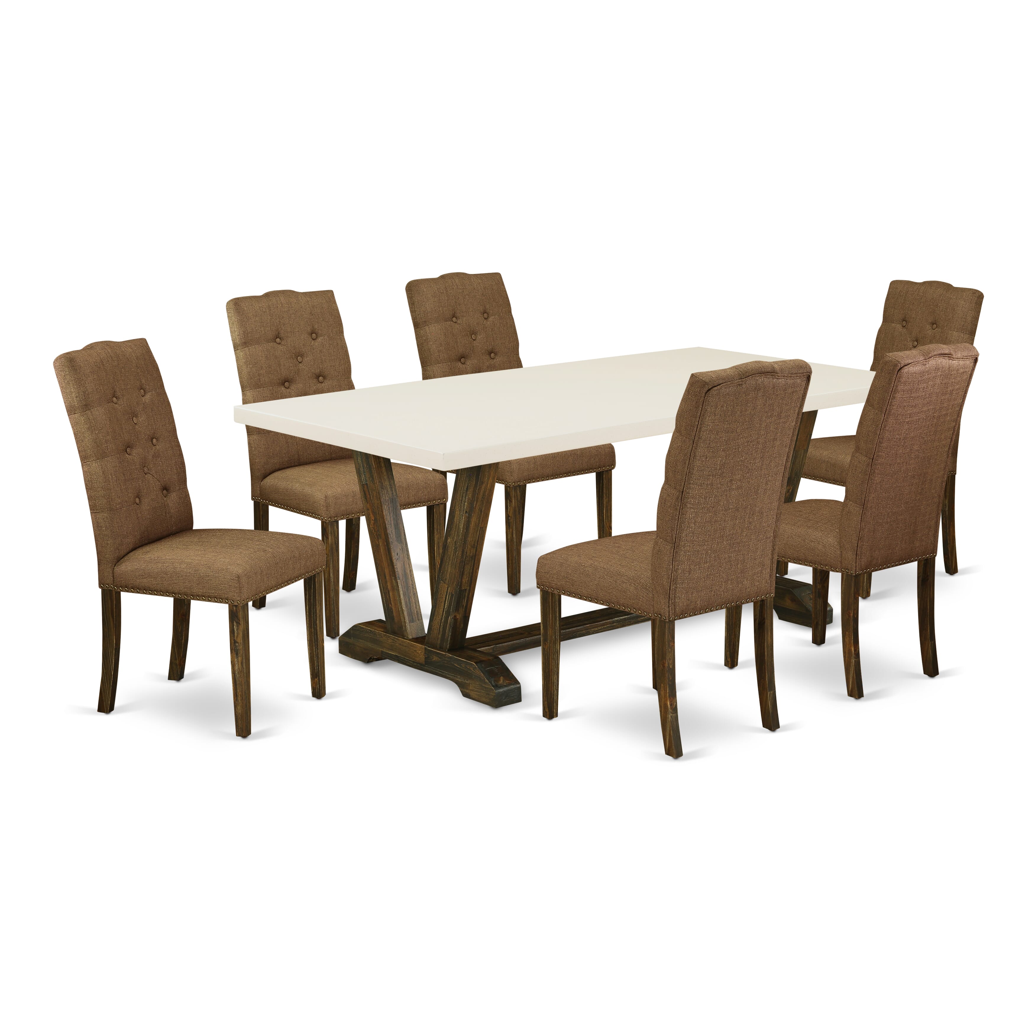East West Furniture V727EL718-7 7-Piece a Beautiful linen white Dining Table top and 6 Gorgeous Parson Dining chairs with Nail Heads and Button Tufted, Distressed Jacobean Finish