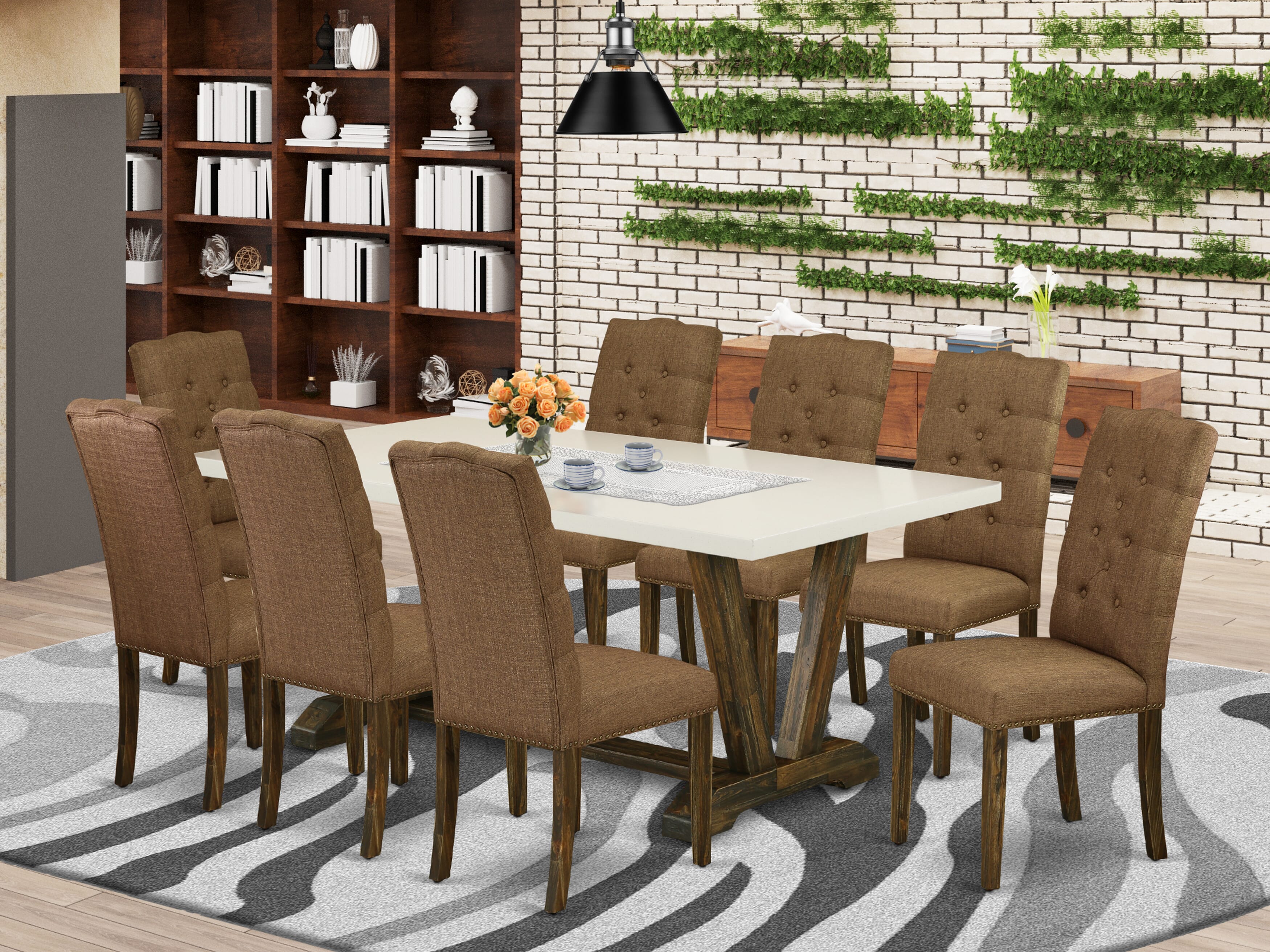 East West Furniture V727EL718-9 9-Pc Modern Dining Table Set a beautiful linen white Dining room Table top and 8 beautiful Parson Dining chairs with Nail Heads and Button Tufted, Distressed Jacobean Finish