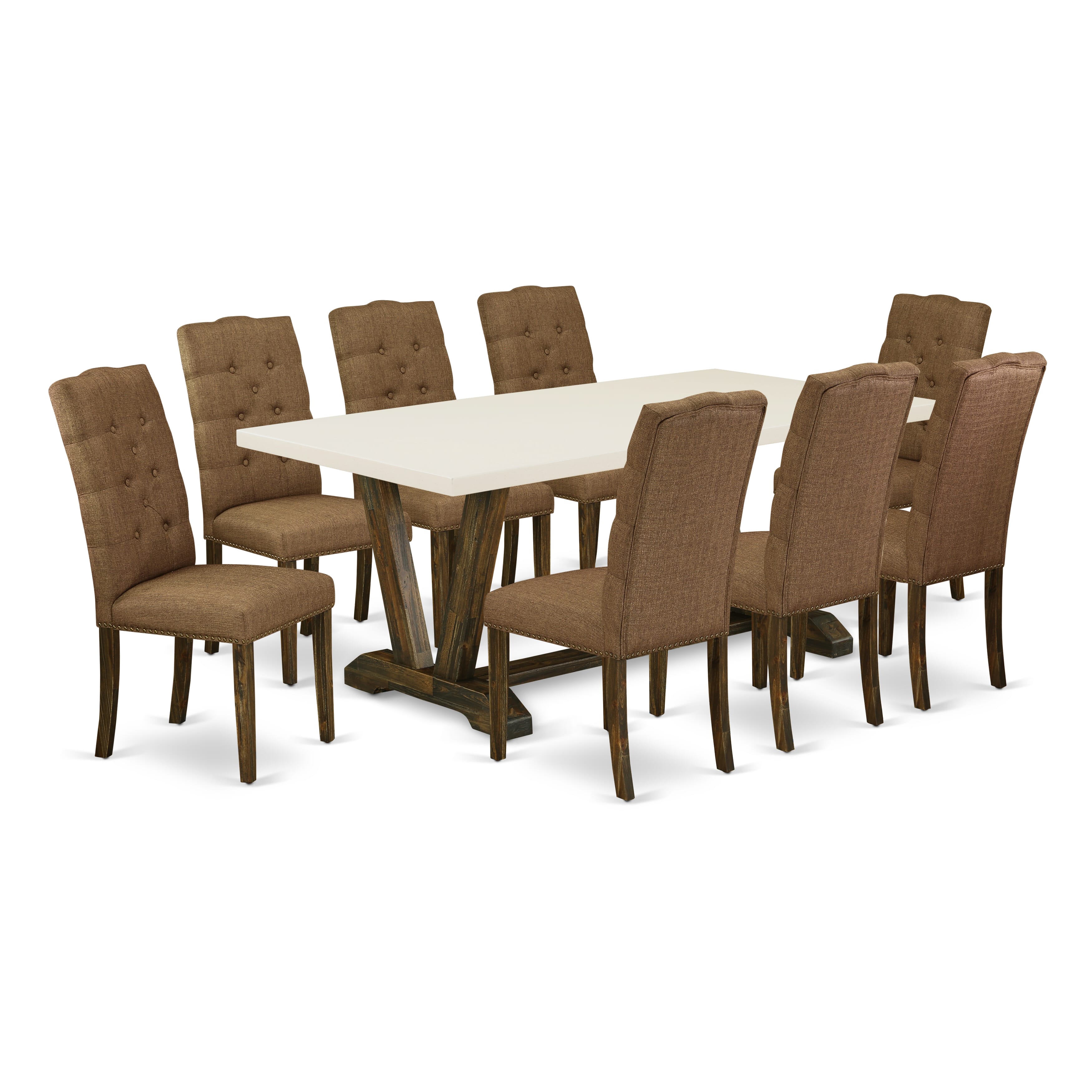 East West Furniture V727EL718-9 9-Pc Modern Dining Table Set a beautiful linen white Dining room Table top and 8 beautiful Parson Dining chairs with Nail Heads and Button Tufted, Distressed Jacobean Finish