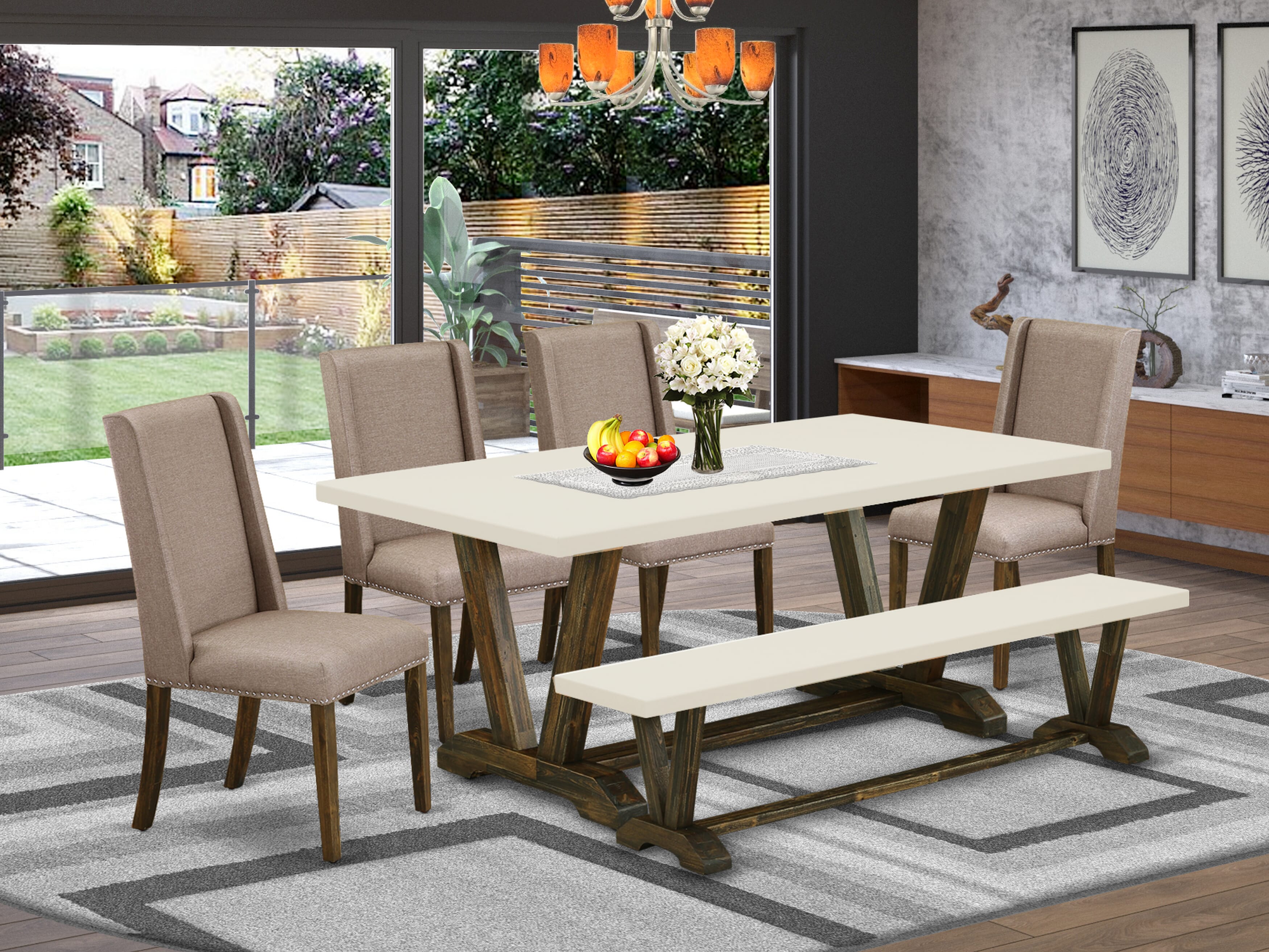 Juego de mesa de comedor de 6 piezas East West Furniture V727FL716-6. Contiene una mesa de comedor rectangular con patas en V y 4 sillas Parson de tela de lino color caqui oscuro con un banco.
