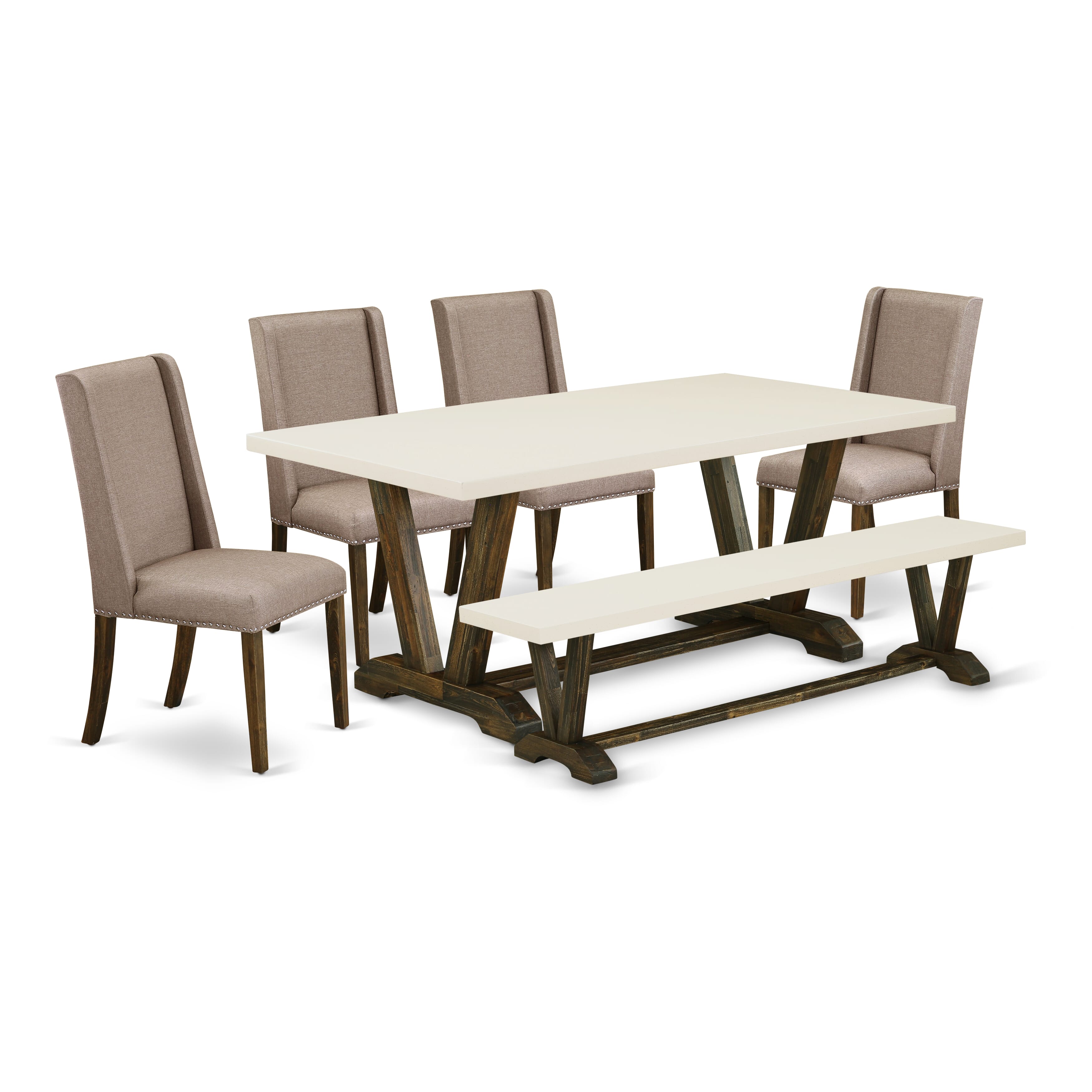 Juego de mesa de comedor de 6 piezas East West Furniture V727FL716-6. Contiene una mesa de comedor rectangular con patas en V y 4 sillas Parson de tela de lino color caqui oscuro con un banco.