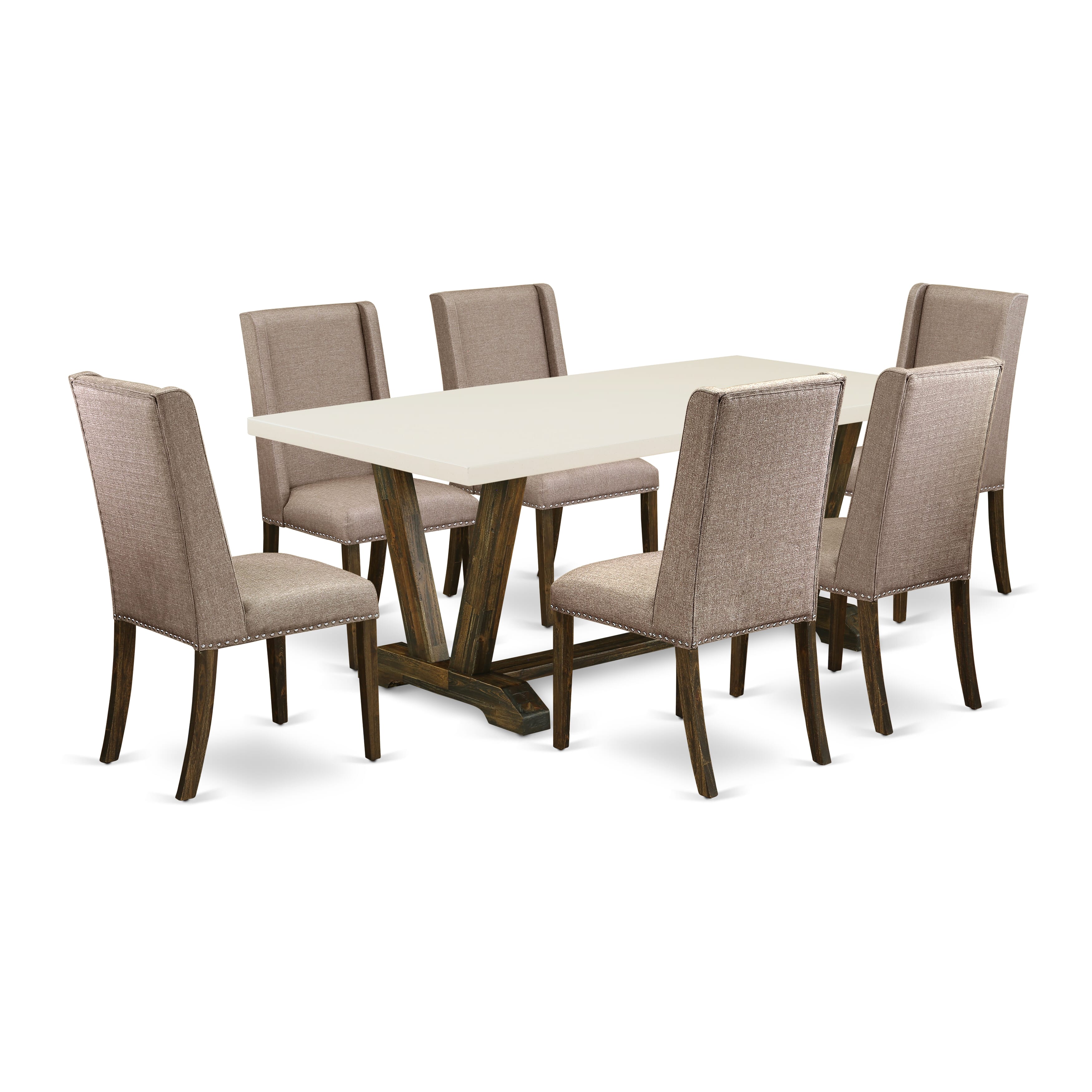 Juego de mesa de comedor East West Furniture V727FL716-7 de 7 piezas compuesto por una mesa de cocina rectangular con patas en V y 6 sillas de comedor Parson de tela de lino color caqui oscuro.