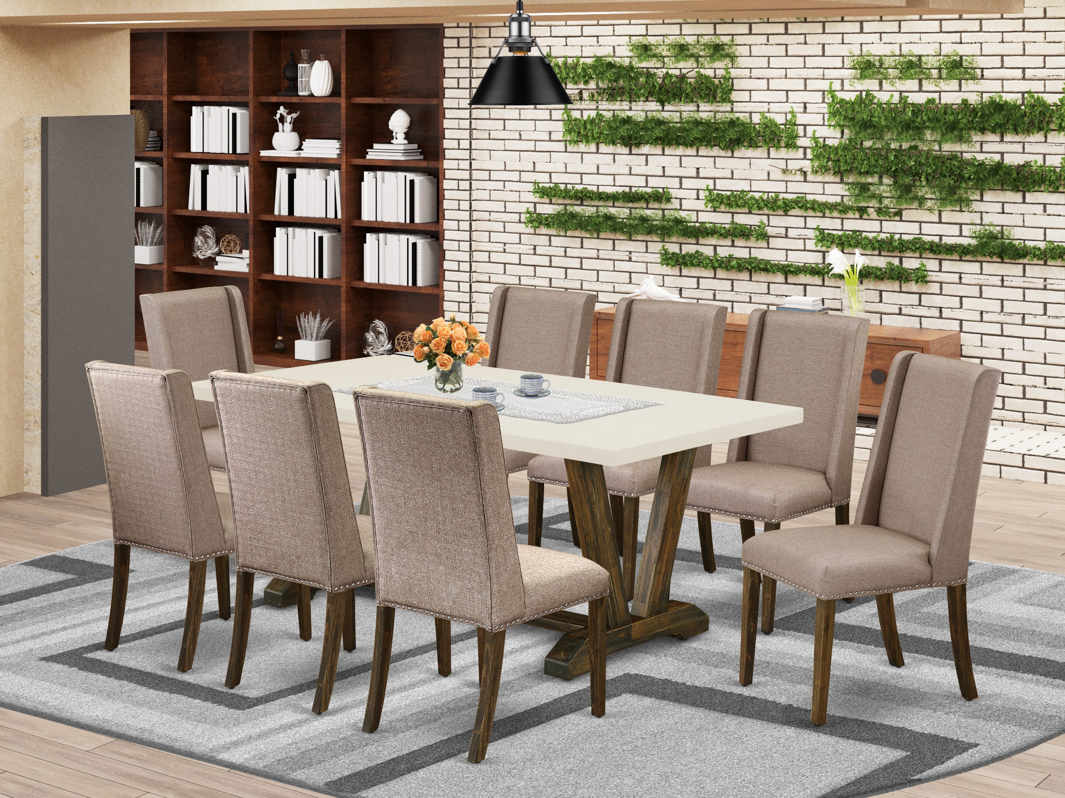 East West Furniture V727FL716-9 9-Piece kitchen table set a beautiful linen white modern dining table top and 8 beautiful Kitchen Parson Chair with Nail heads and Curved Back, Distressed Jacobean Finish