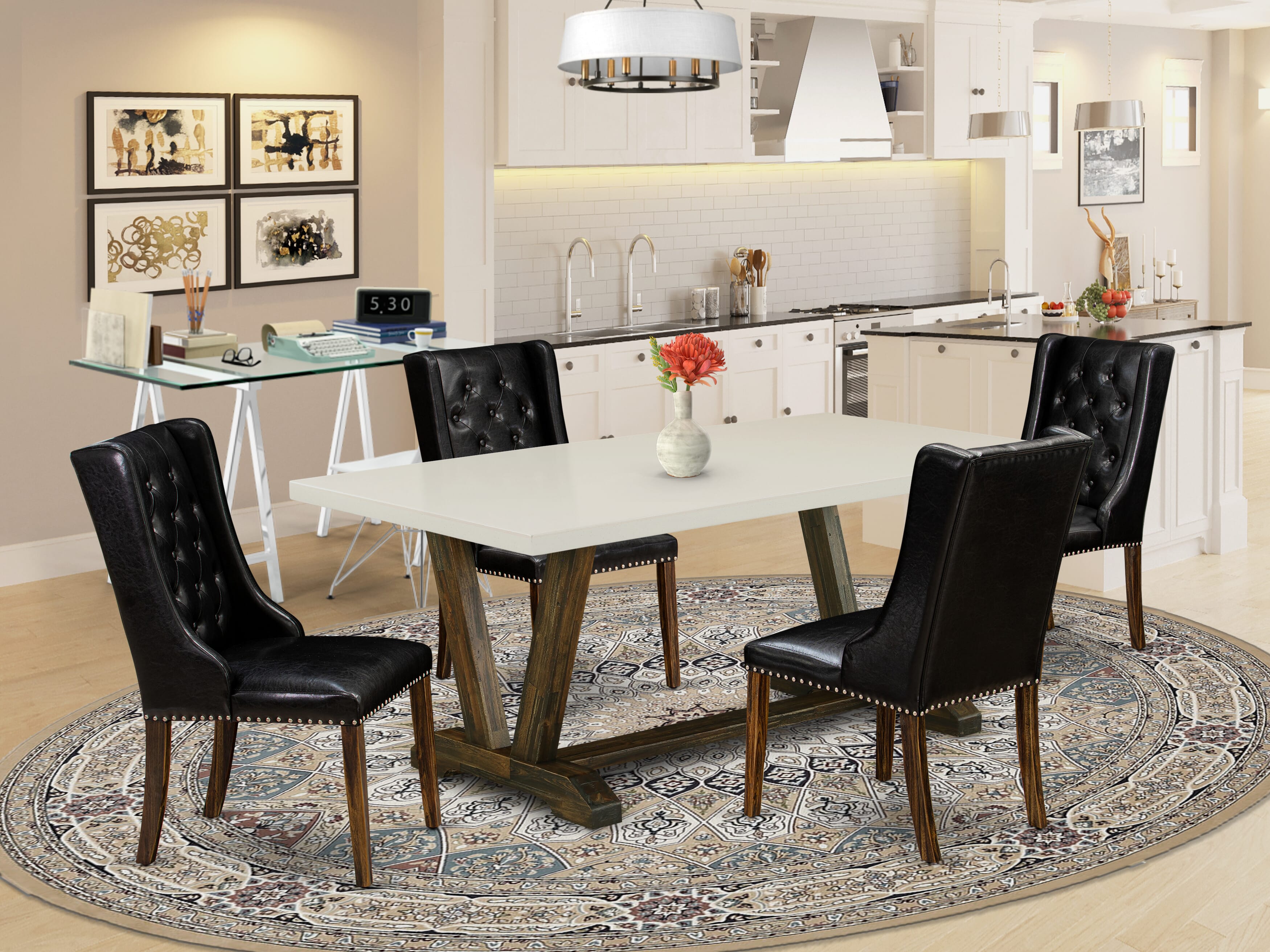 Juego de comedor de 5 piezas East West Furniture V727FO749-5. Incluye una mesa de comedor rectangular con patas en V y 4 sillas Parson tapizadas en piel sintética negra.