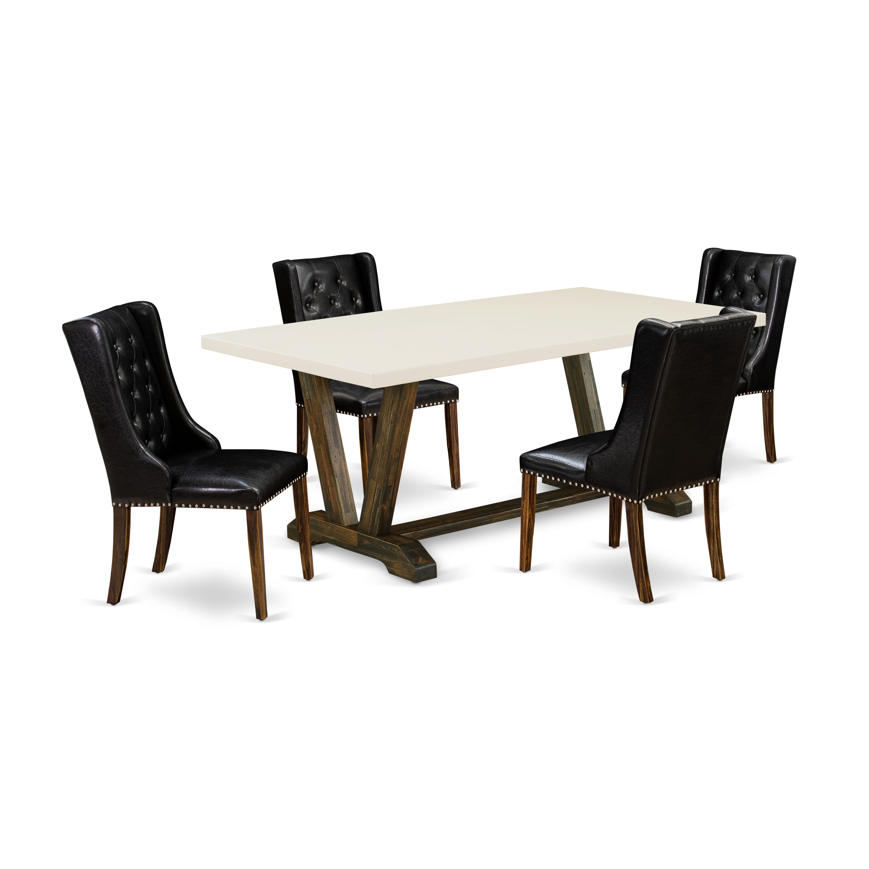 Juego de comedor de 5 piezas East West Furniture V727FO749-5. Incluye una mesa de comedor rectangular con patas en V y 4 sillas Parson tapizadas en piel sintética negra.