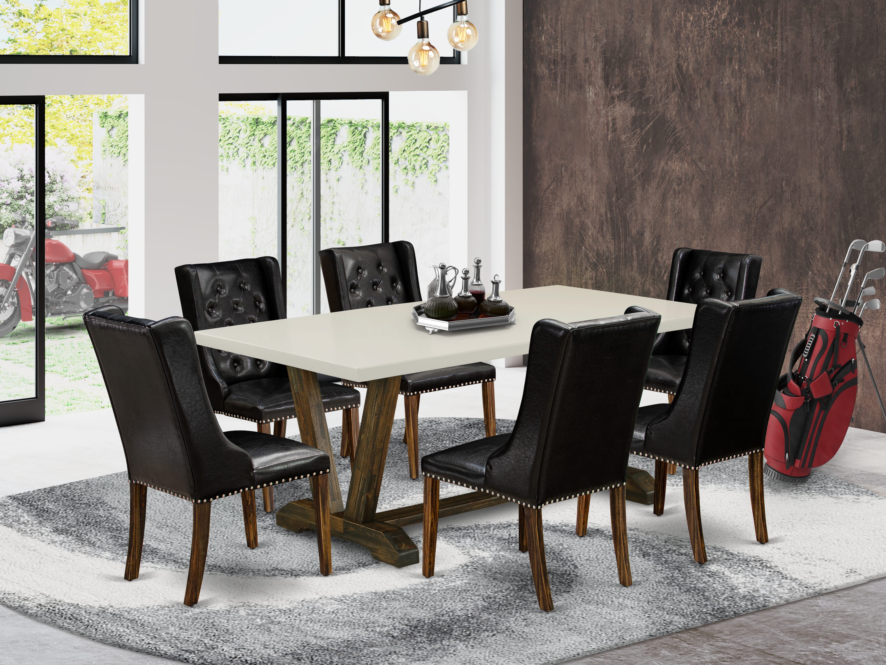 Juego de mesa de comedor de 7 piezas East West Furniture V727FO749-7 compuesto por una mesa de comedor rectangular con patas en V y 6 sillas Parsons de cuero sintético negro.