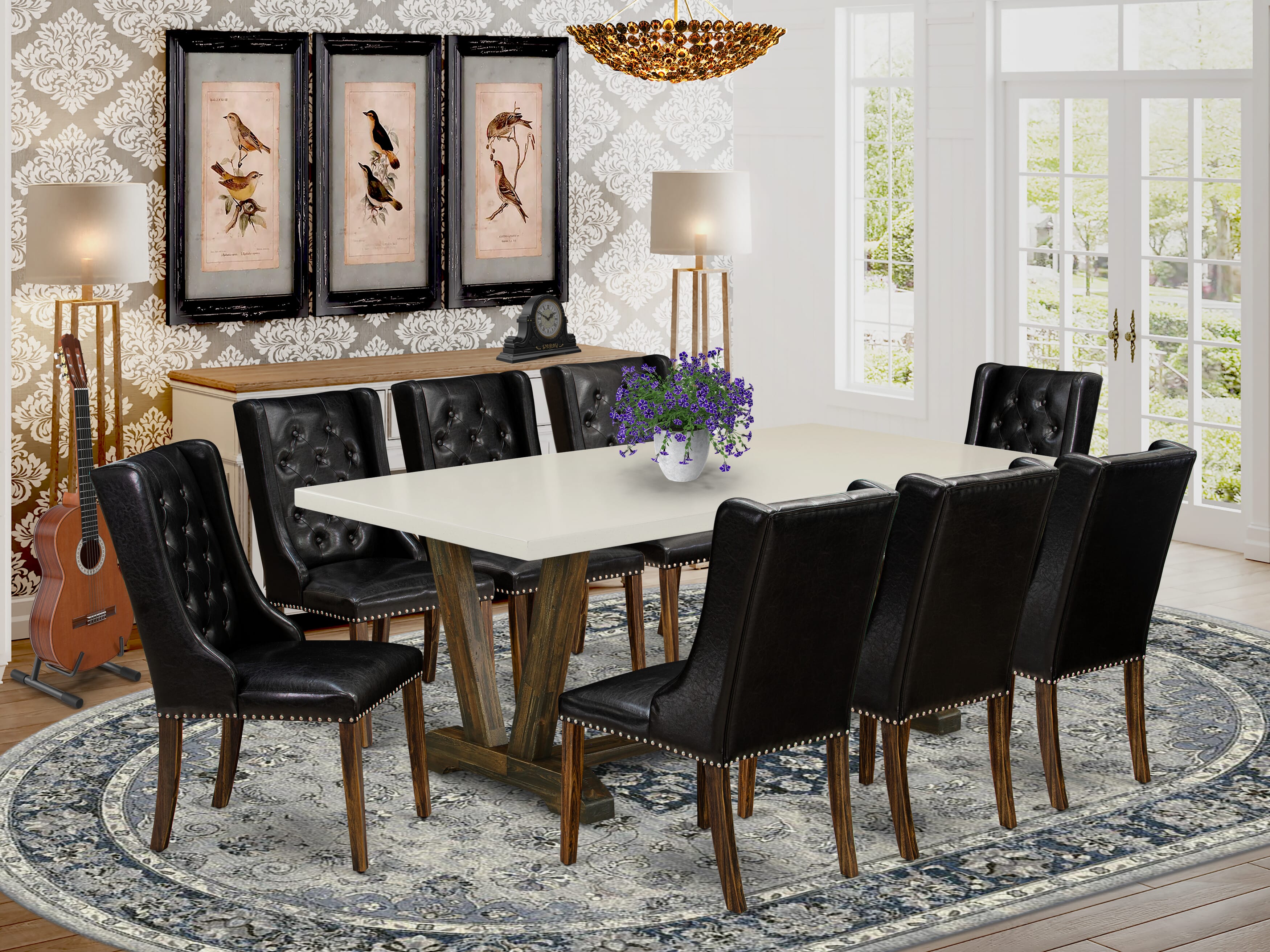 East West Furniture V727FO749-9 9-Piece Dining Room Set - 8 Black Pu faux Leather Parsons Chair Button Tufted with Nail heads and Dining Room Table - Distressed Jacobean Finish