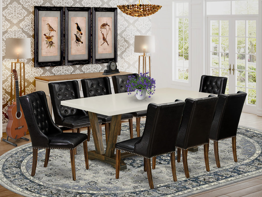 East West Furniture V727FO749-9 9-Piece Dining Room Set - 8 Black Pu faux Leather Parsons Chair Button Tufted with Nail heads and Dining Room Table - Distressed Jacobean Finish