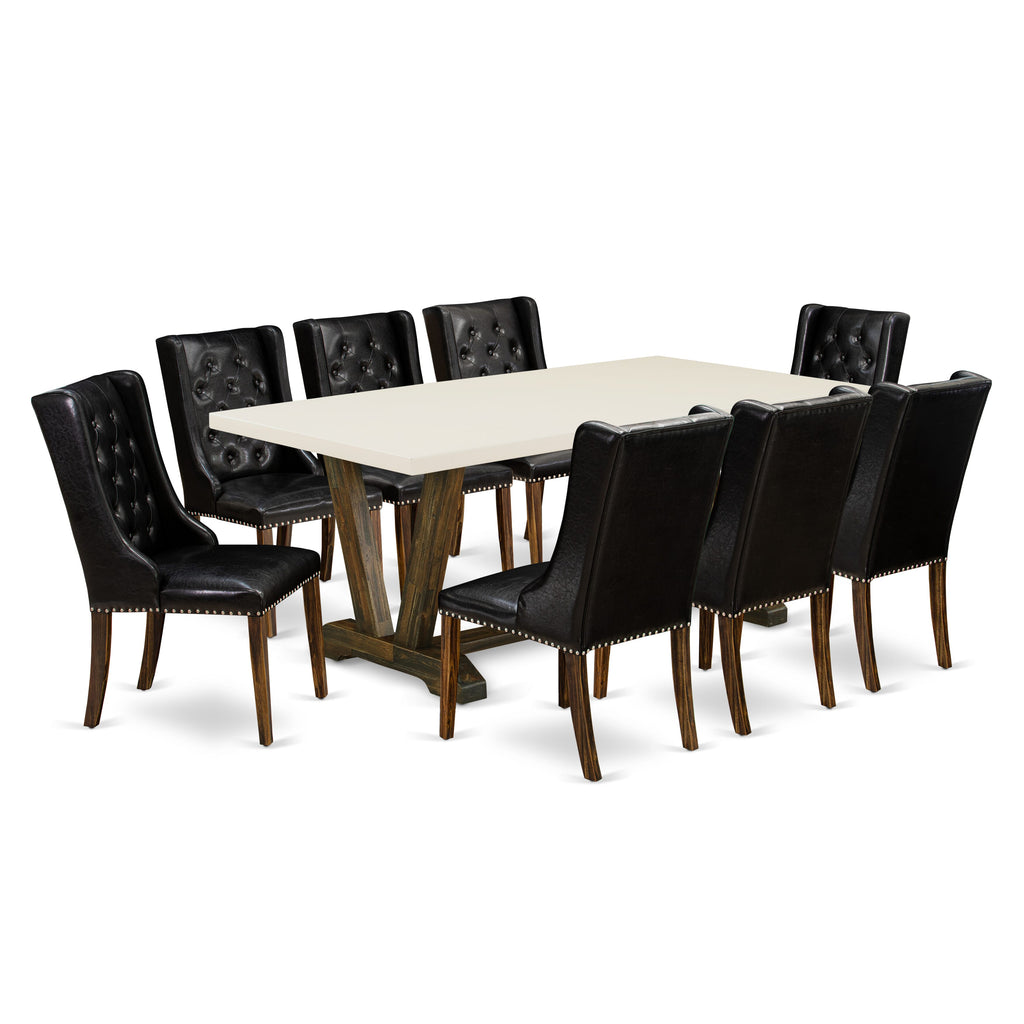 East West Furniture V727FO749-9 9-Piece Dining Room Set - 8 Black Pu faux Leather Parsons Chair Button Tufted with Nail heads and Dining Room Table - Distressed Jacobean Finish