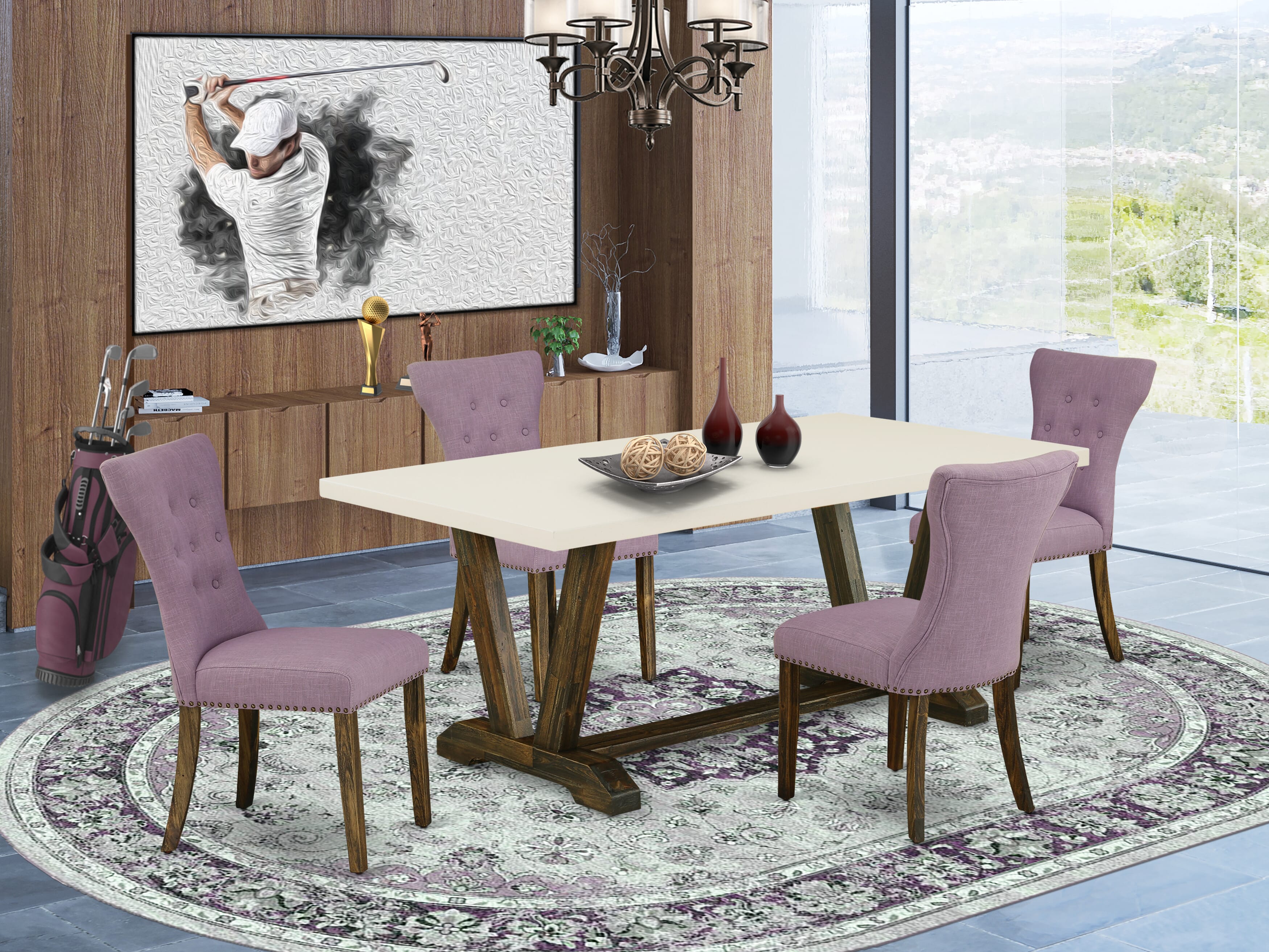 East West Furniture V727GA740-5 5-Pc Kitchen Dining Room Set- 4 Parson Chairs with Dahlia Linen Fabric Seat and Button Tufted Chair Back - Dining Table - linen white Finish