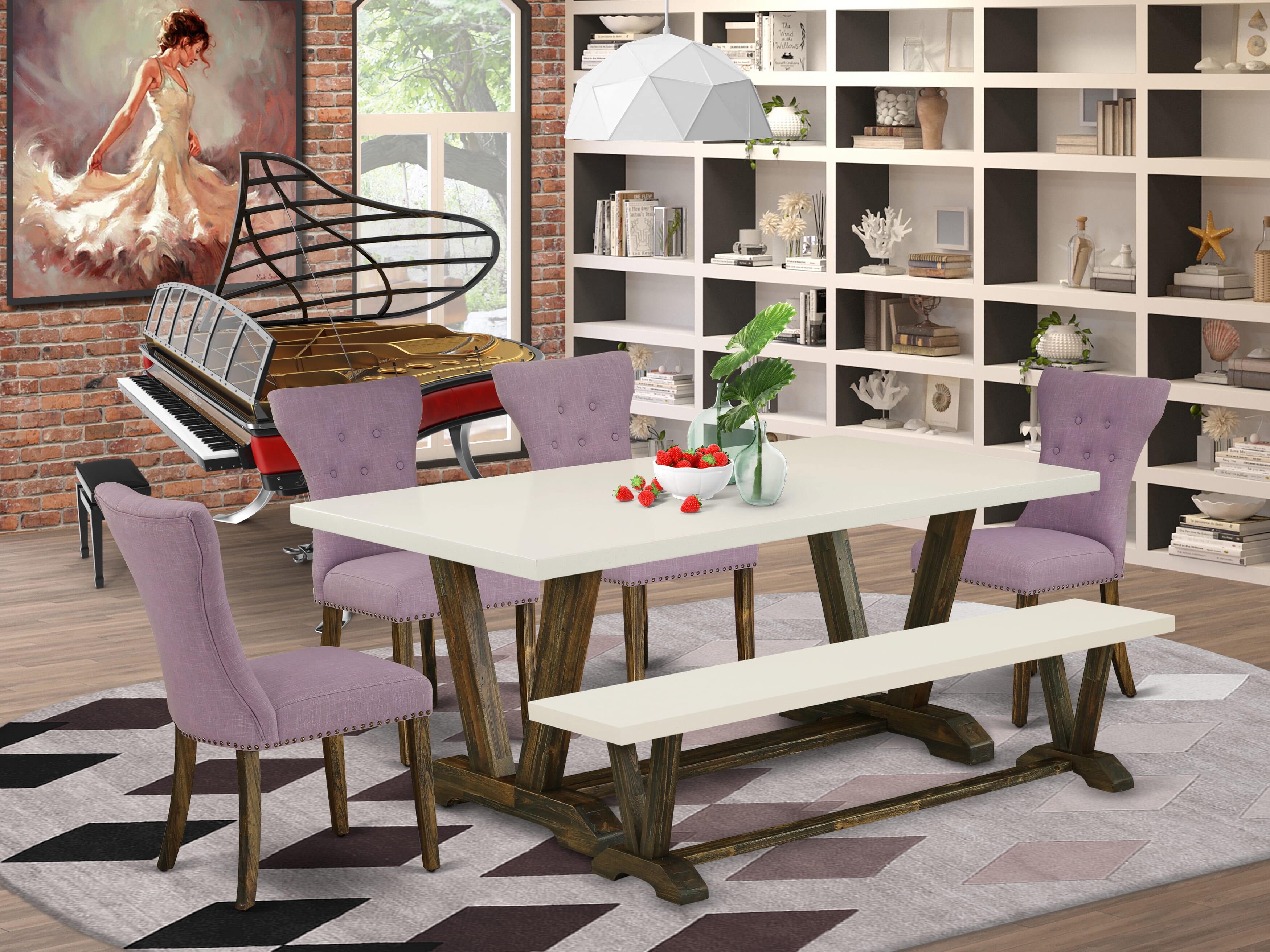 East West Furniture V727GA740-6 6-Piece Dining Table Set- 4 Dahlia Linen Fabric Kitchen Chairs with Button Tufted Back - A Dining Room Table and 1 Small Dining Bench (linen white Finish)