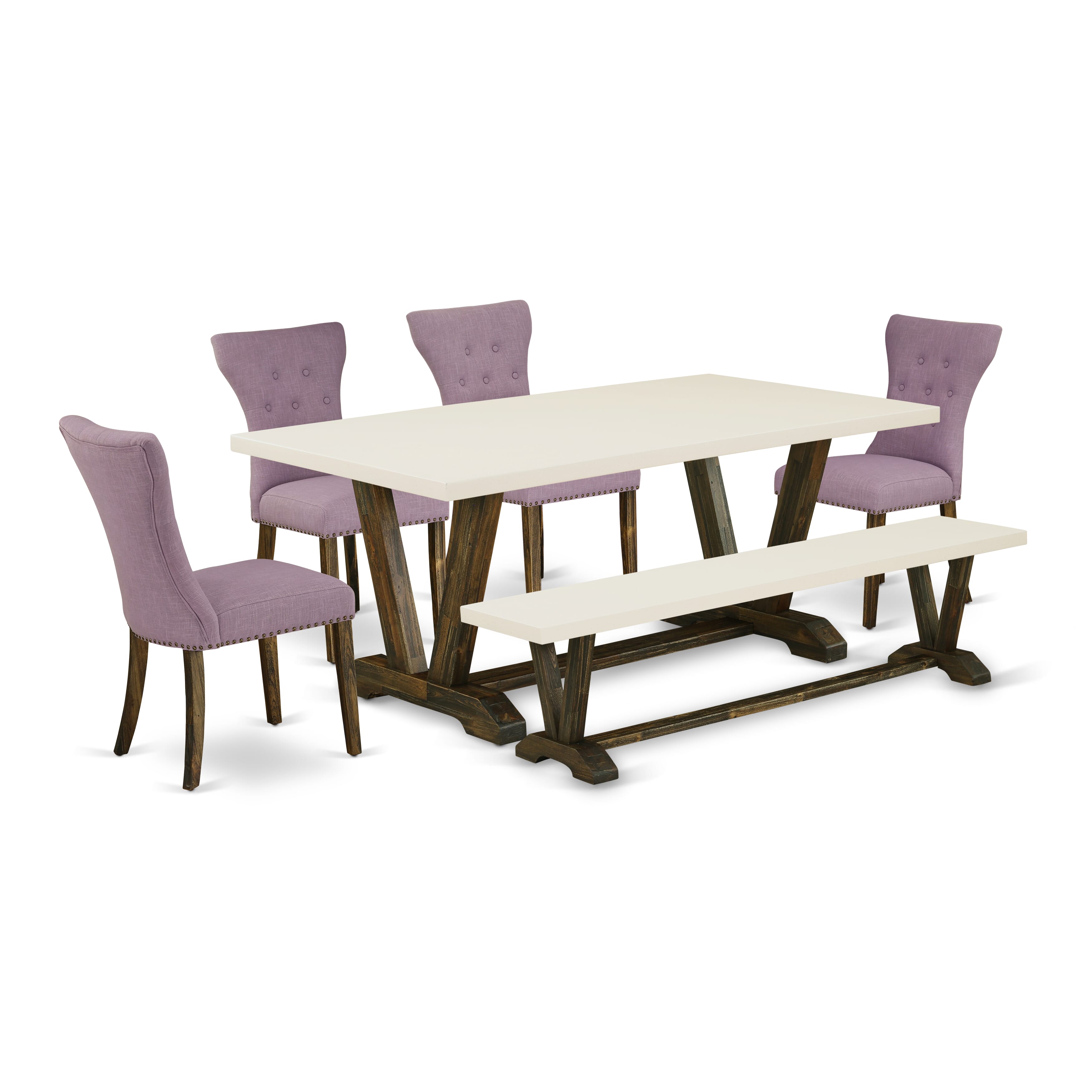 East West Furniture V727GA740-6 6-Piece Dining Table Set- 4 Dahlia Linen Fabric Kitchen Chairs with Button Tufted Back - A Dining Room Table and 1 Small Dining Bench (linen white Finish)