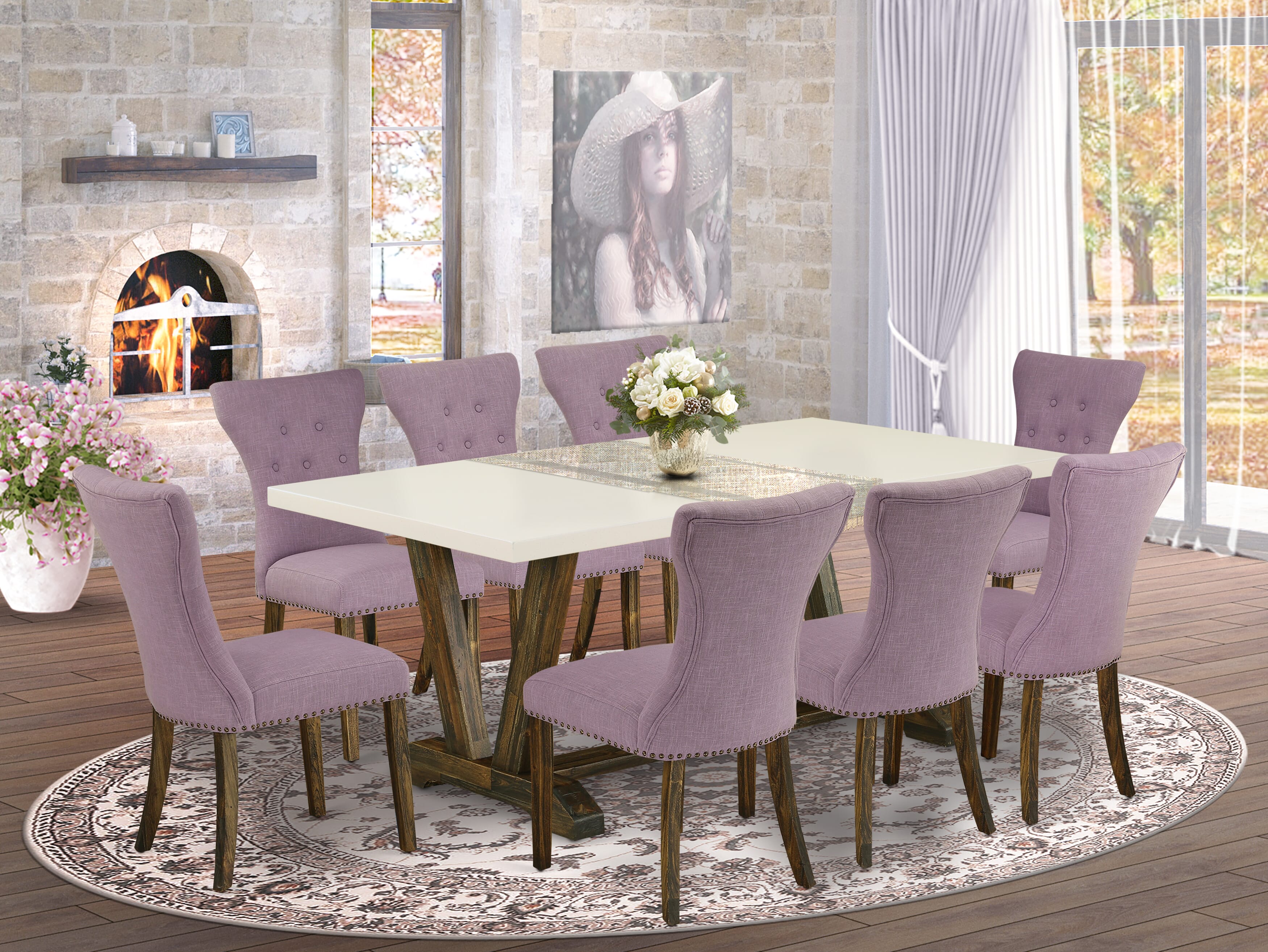 East West Furniture V727GA740-9 9-Pc Dining Room Table Set- 8 kitchen chairs with Dahlia Linen Fabric Seat and Button Tufted Chair Back - Rectangular Table top & Wooden Legs - linen white and Distressed Jacobean Finish