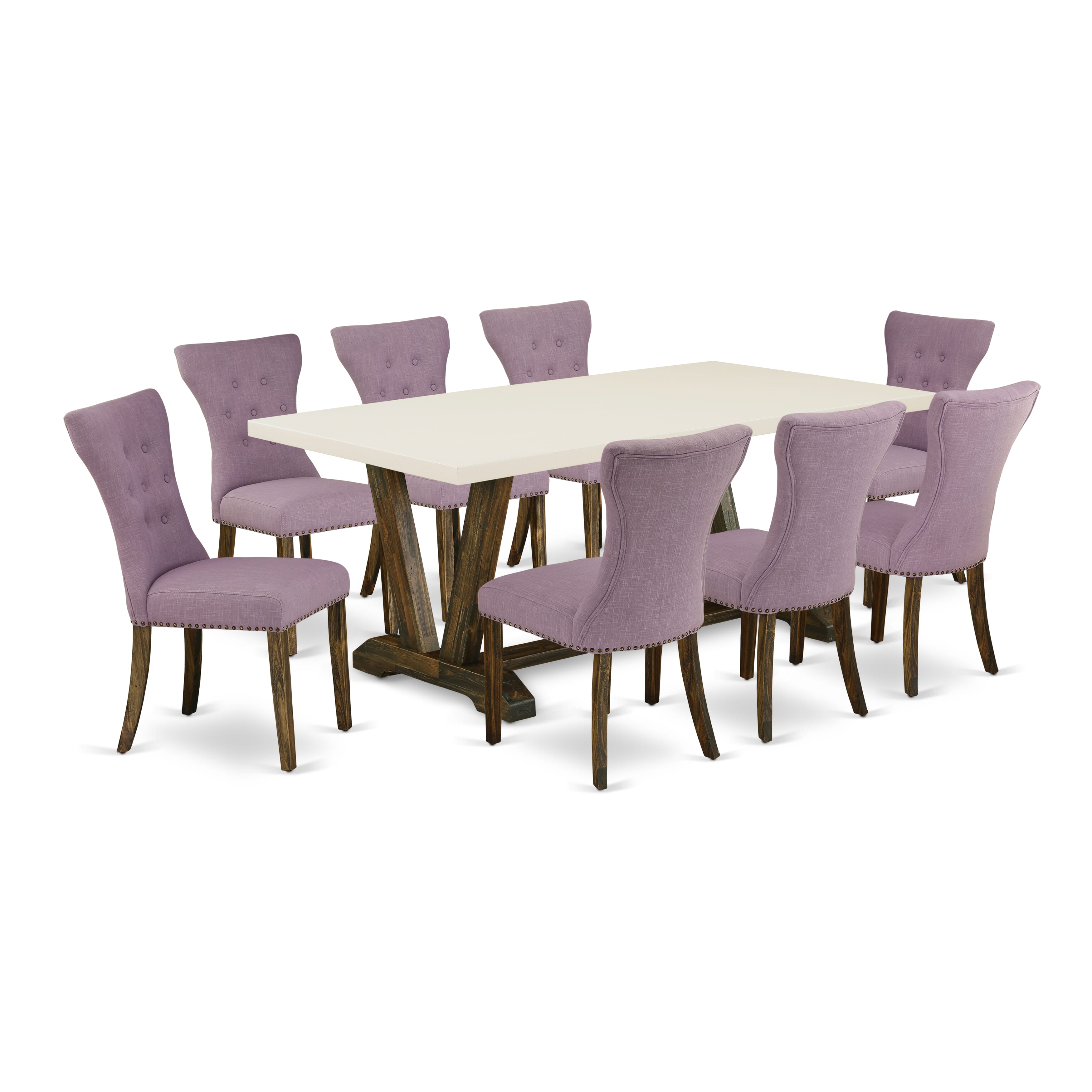 East West Furniture V727GA740-9 9-Pc Dining Room Table Set- 8 kitchen chairs with Dahlia Linen Fabric Seat and Button Tufted Chair Back - Rectangular Table top & Wooden Legs - linen white and Distressed Jacobean Finish