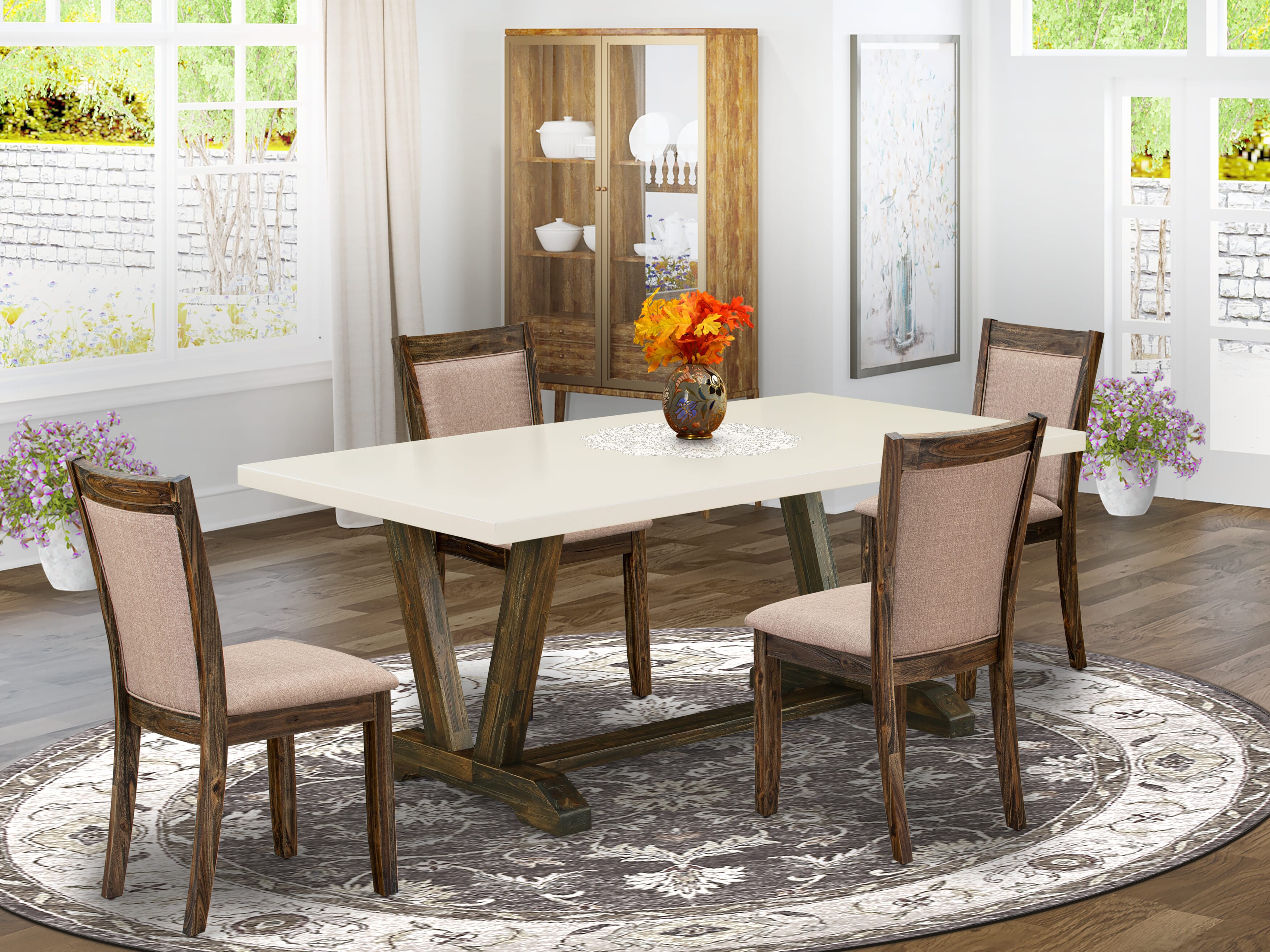 East West Furniture V727MZ716-5 5 Piece Dining Table Set - A linen white Top Kitchen Table with Trestle Base and 4 Dark Khaki Linen Fabric Kitchen Chairs - Distressed Jacobean Finish
