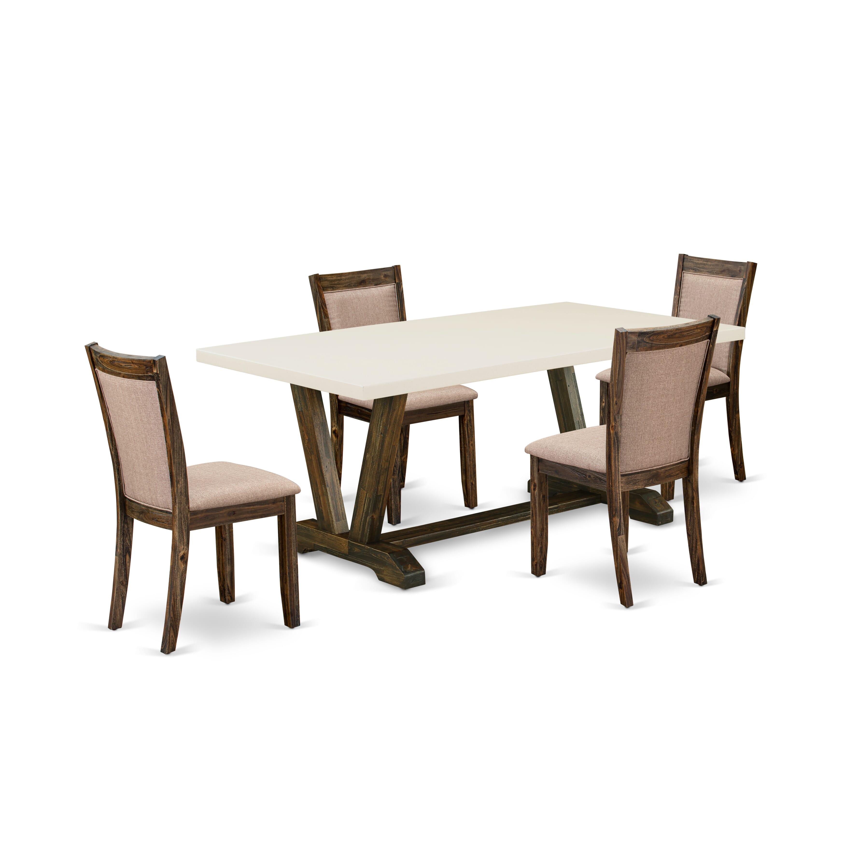 East West Furniture V727MZ716-5 5 Piece Dining Table Set - A linen white Top Kitchen Table with Trestle Base and 4 Dark Khaki Linen Fabric Kitchen Chairs - Distressed Jacobean Finish