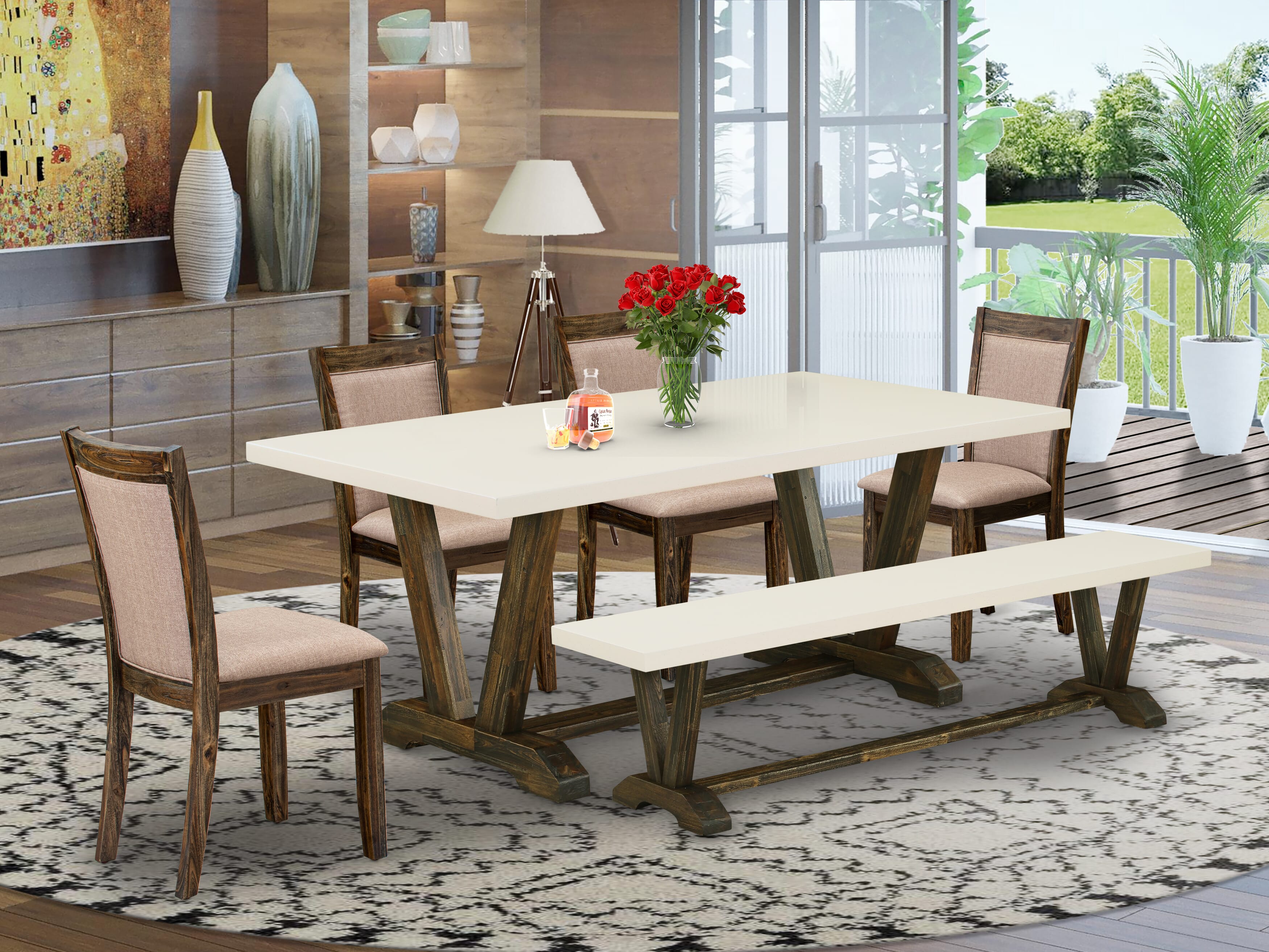 East West Furniture V727MZ716-6 6 Piece Dinner Table Set- A linen white Top Kitchen Table in Trestle Base with Small Bench and 4 Dark Khaki Linen Fabric parson chairs - Distressed Jacobean Finish