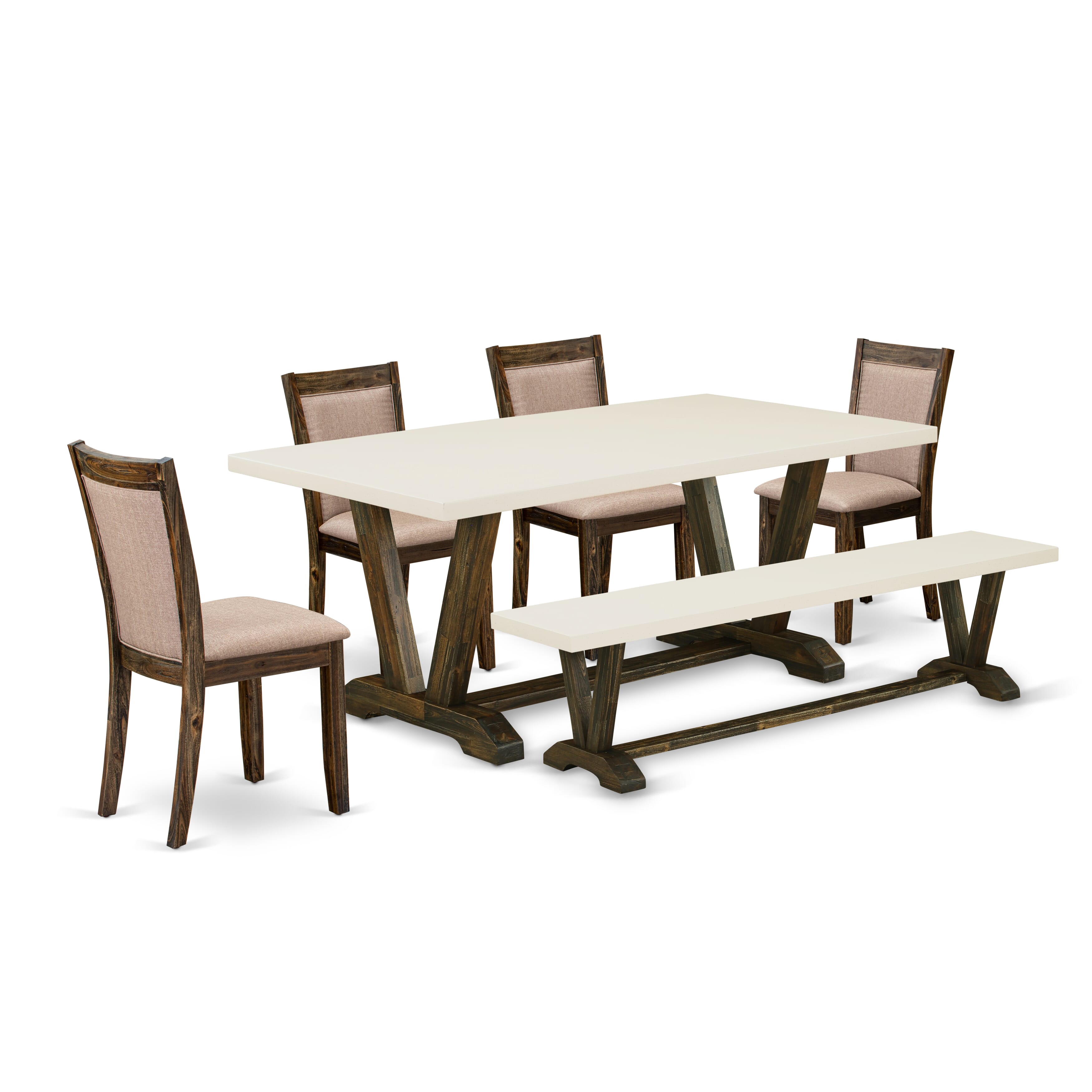 East West Furniture V727MZ716-6 6 Piece Dinner Table Set- A linen white Top Kitchen Table in Trestle Base with Small Bench and 4 Dark Khaki Linen Fabric parson chairs - Distressed Jacobean Finish