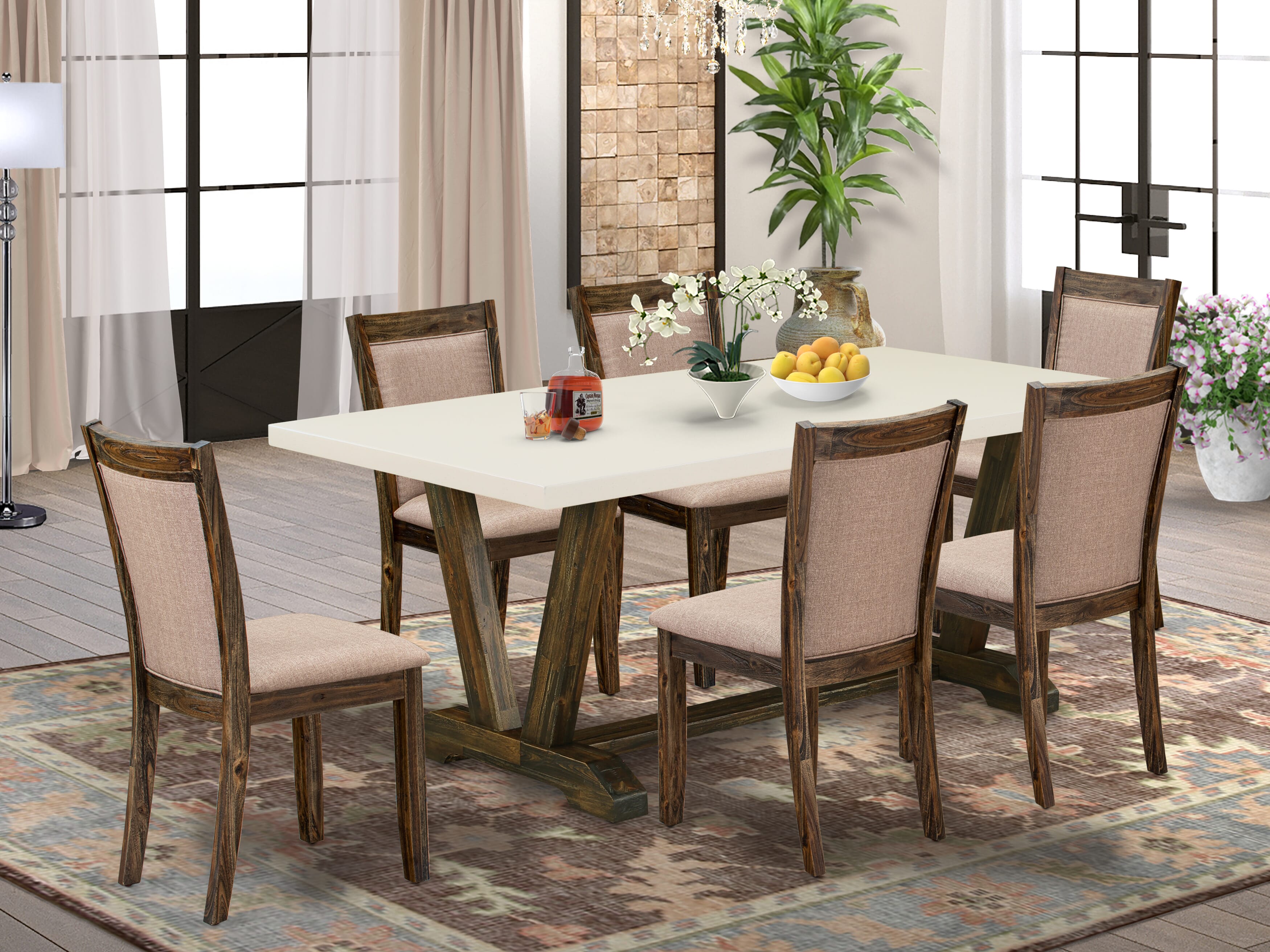 East West Furniture V727MZ716-7 7 Piece Dinning Table Set - A linen white Top Dining Table with Trestle Base and 6 Dark Khaki Linen Fabric Padded Dining Chairs - Distressed Jacobean Finish