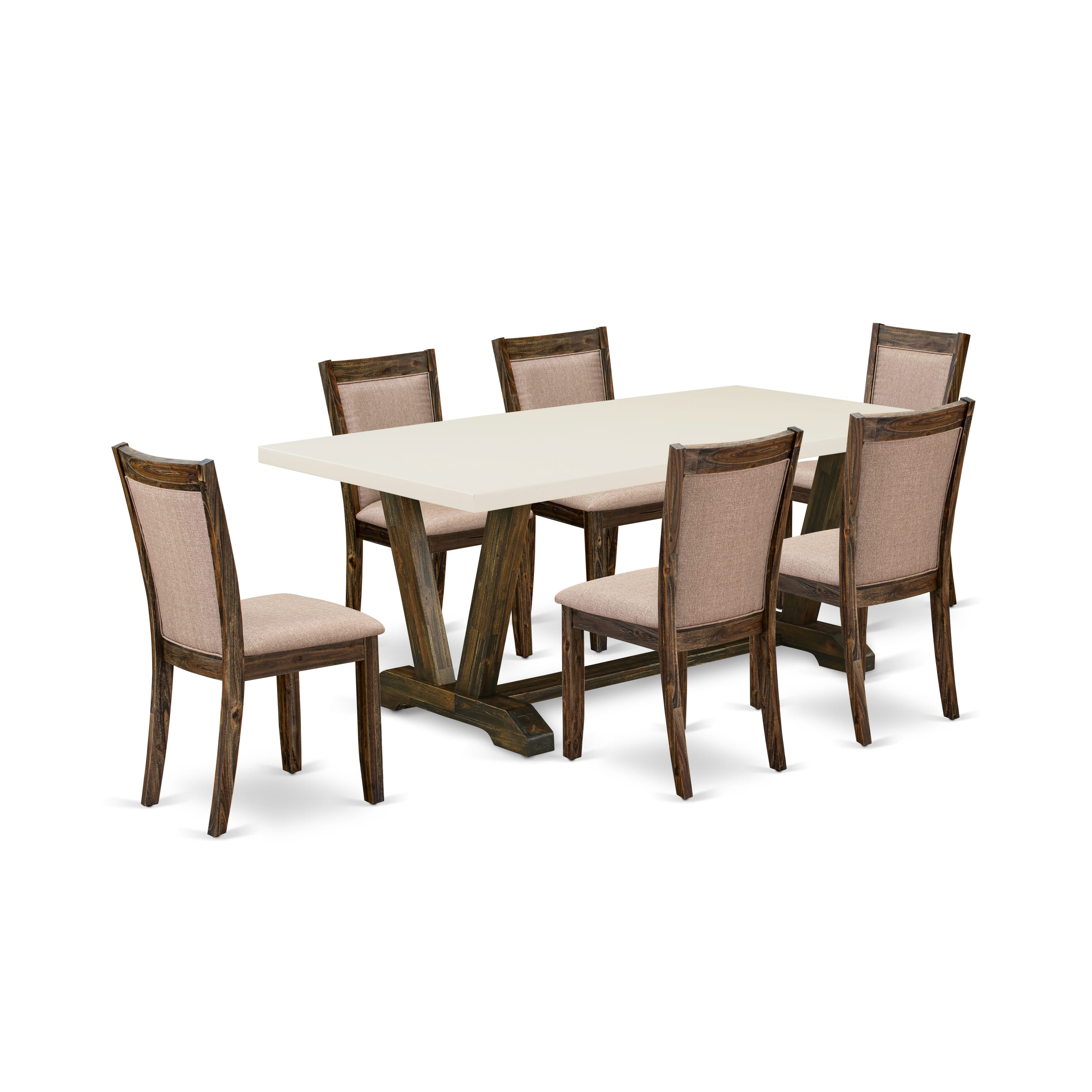 East West Furniture V727MZ716-7 7 Piece Dinning Table Set - A linen white Top Dining Table with Trestle Base and 6 Dark Khaki Linen Fabric Padded Dining Chairs - Distressed Jacobean Finish