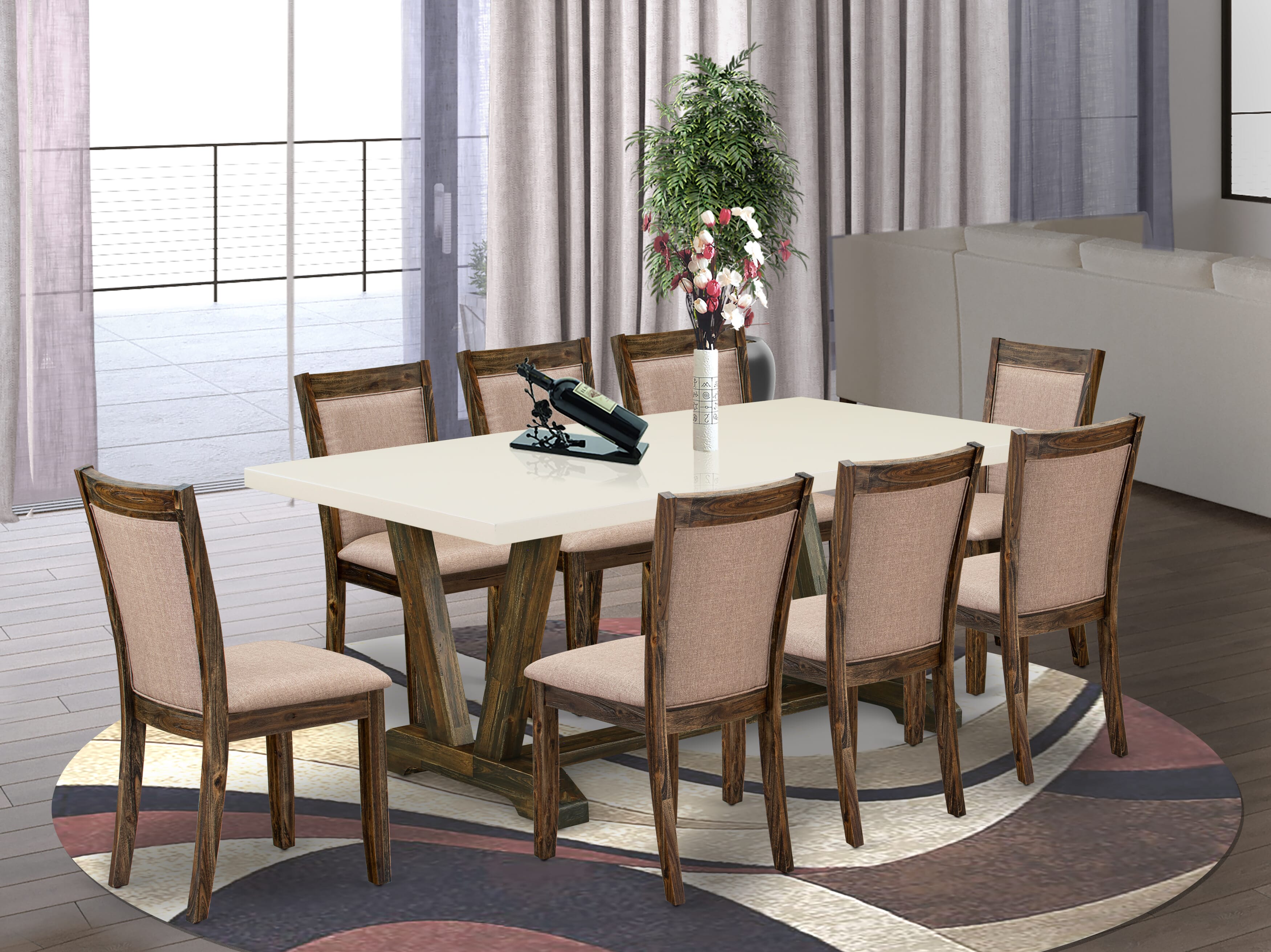 East West Furniture V727MZ716-9 9 Piece Contemporary Kitchen Table Set - A linen white Top Kitchen Table with Trestle Base and 8 Dark Khaki Linen Fabric Dining Chairs - Distressed Jacobean Finish