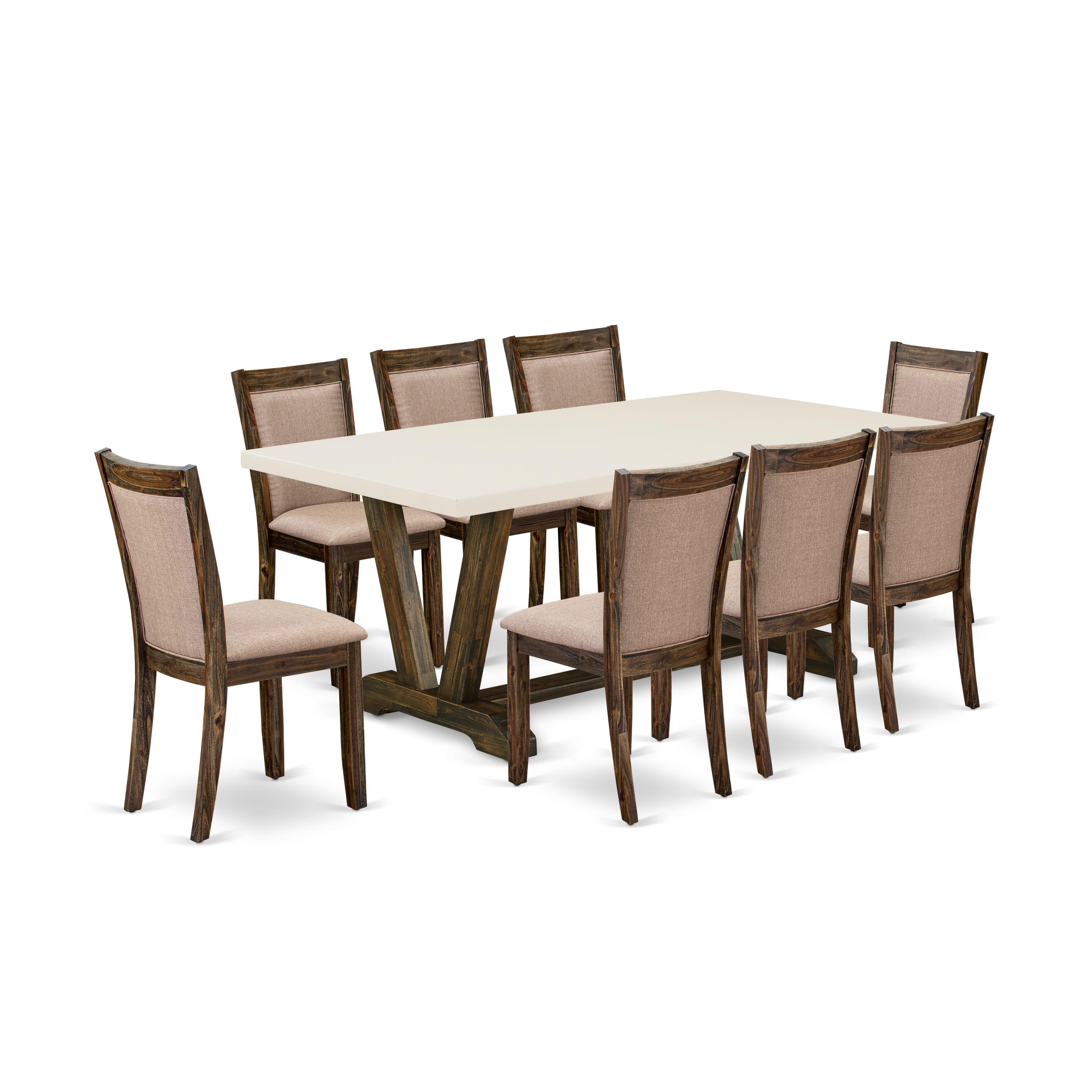 East West Furniture V727MZ716-9 9 Piece Contemporary Kitchen Table Set - A linen white Top Kitchen Table with Trestle Base and 8 Dark Khaki Linen Fabric Dining Chairs - Distressed Jacobean Finish