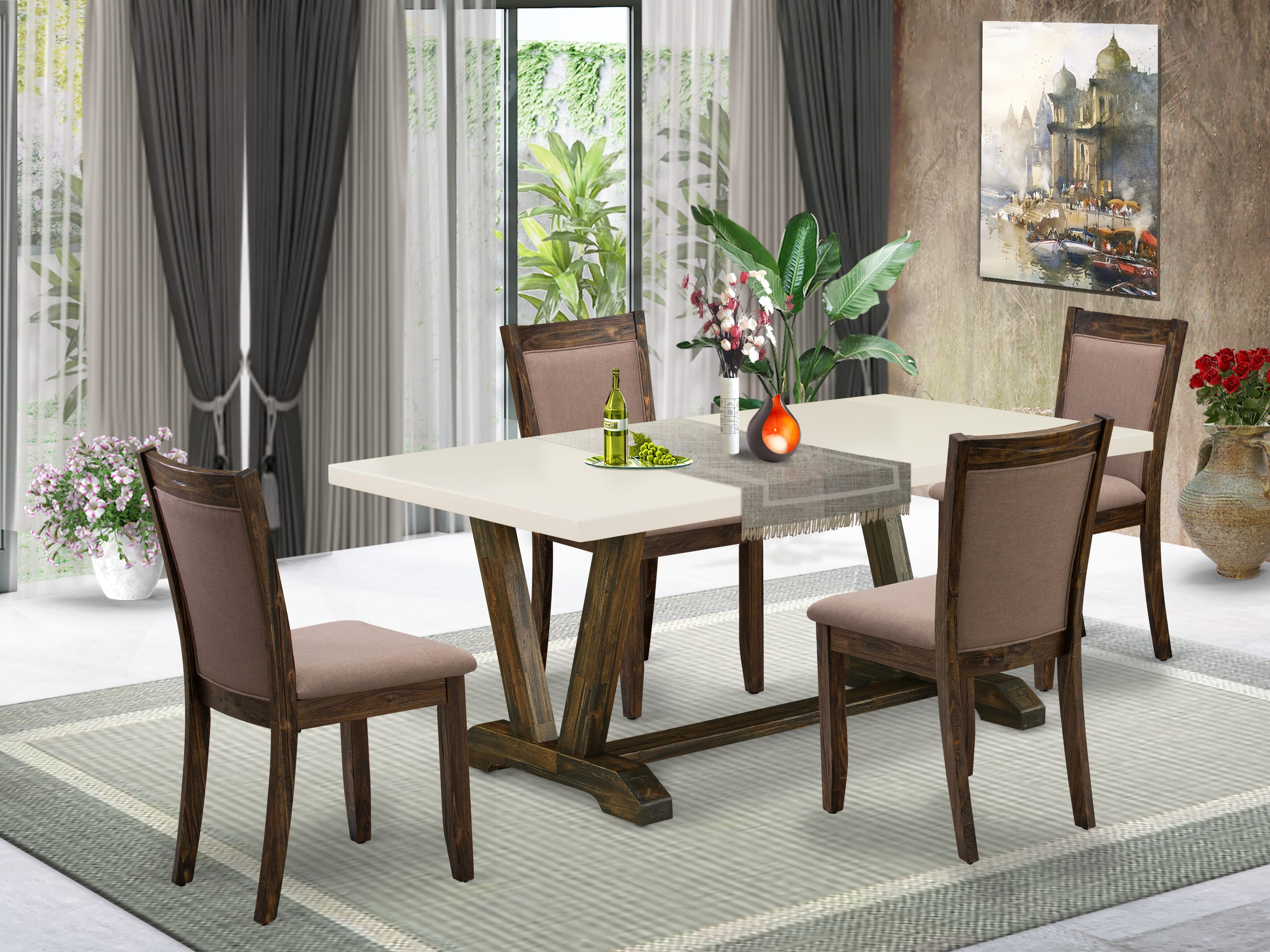 East West Furniture V727MZ748-5 5 Piece Innovative Rustic Dining Table Set - A linen white Top Dinner Table with Trestle Base and 4 Coffee Linen Fabric Parson Chairs - Distressed Jacobean Finish