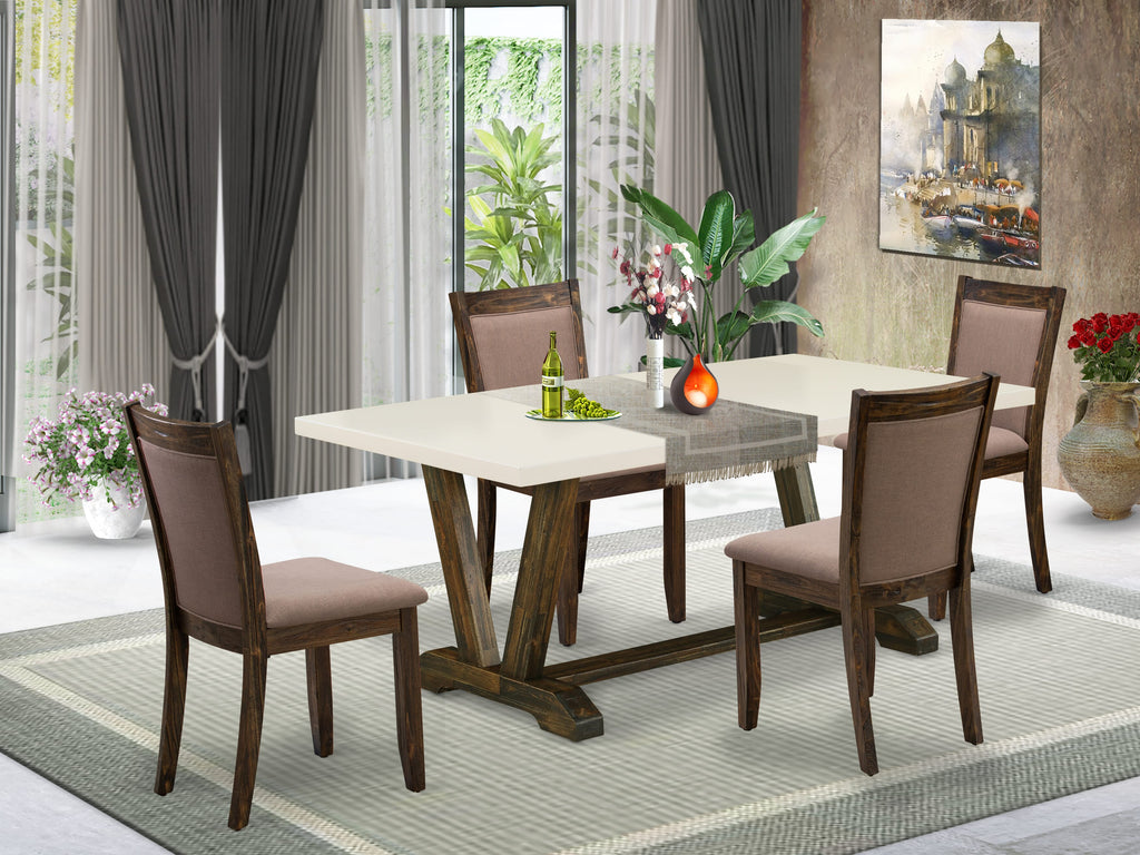 East West Furniture V727MZ748-5 5 Piece Dining Room Furniture Set Includes a Rectangle Dining Table with V-Legs and 4 Coffee Linen Fabric Upholstered Chairs