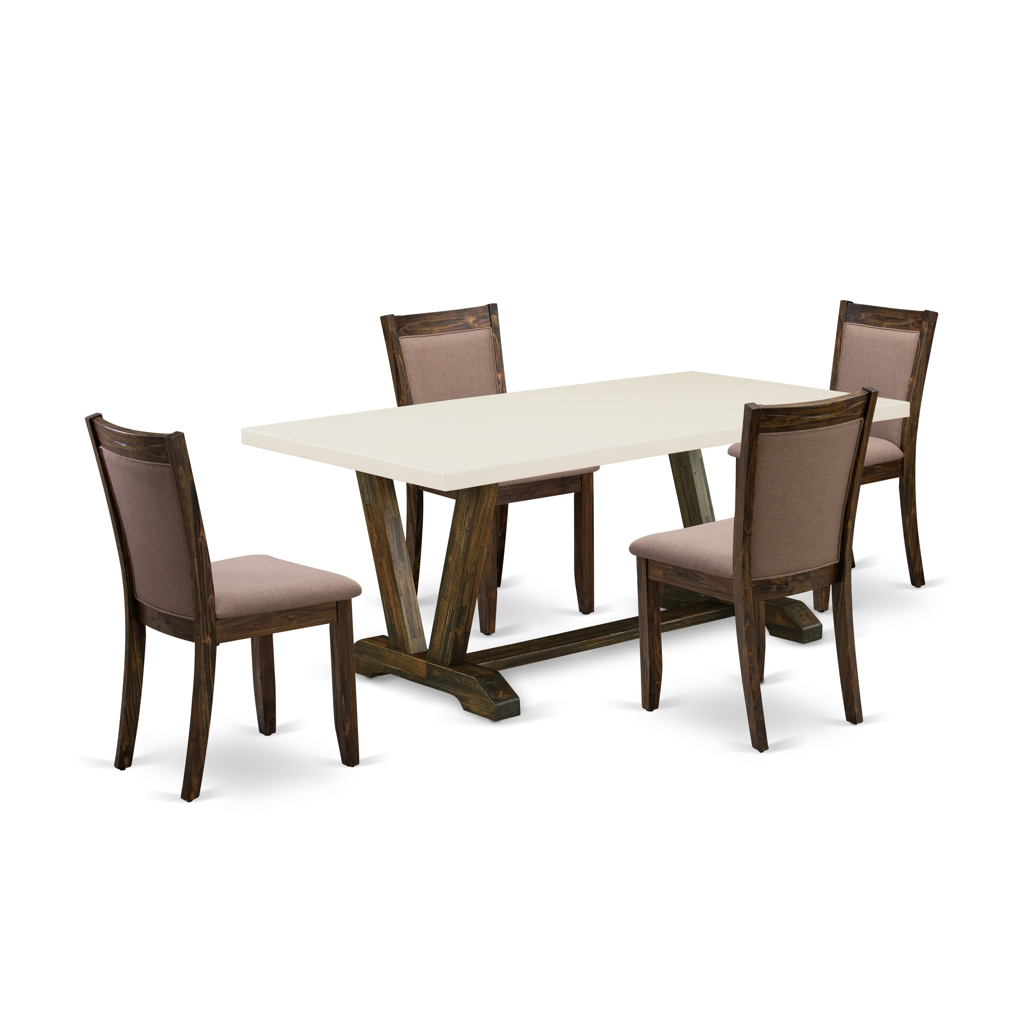 East West Furniture V727MZ748-5 5 Piece Innovative Rustic Dining Table Set - A linen white Top Dinner Table with Trestle Base and 4 Coffee Linen Fabric Parson Chairs - Distressed Jacobean Finish