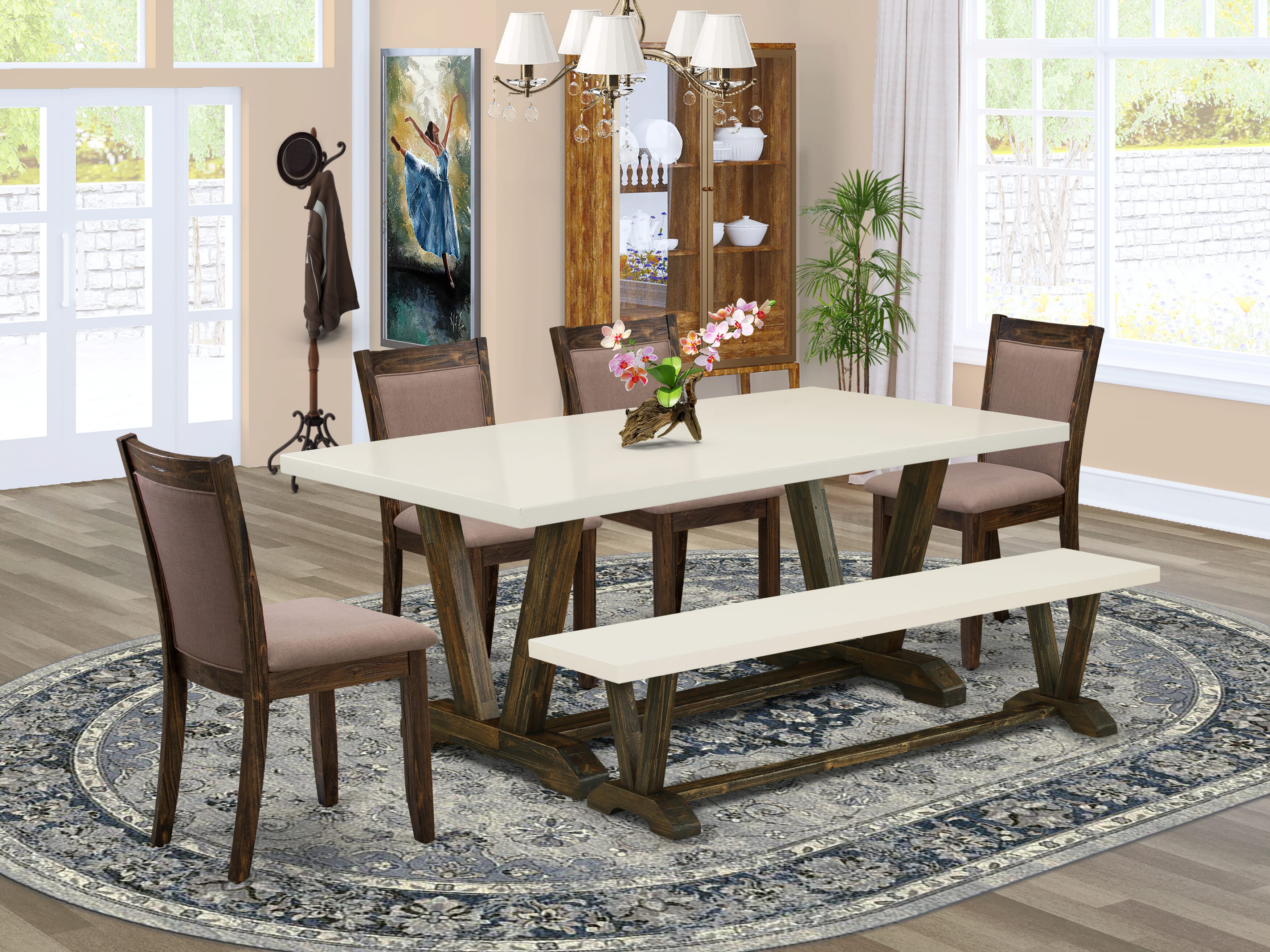 East West Furniture V727MZ748-6 6 Piece Mid Century Dining Set- A linen white Top Dining Table in Trestle Base with Wood Bench and 4 Coffee Linen Fabric Dinner Chairs - Distressed Jacobean Finish
