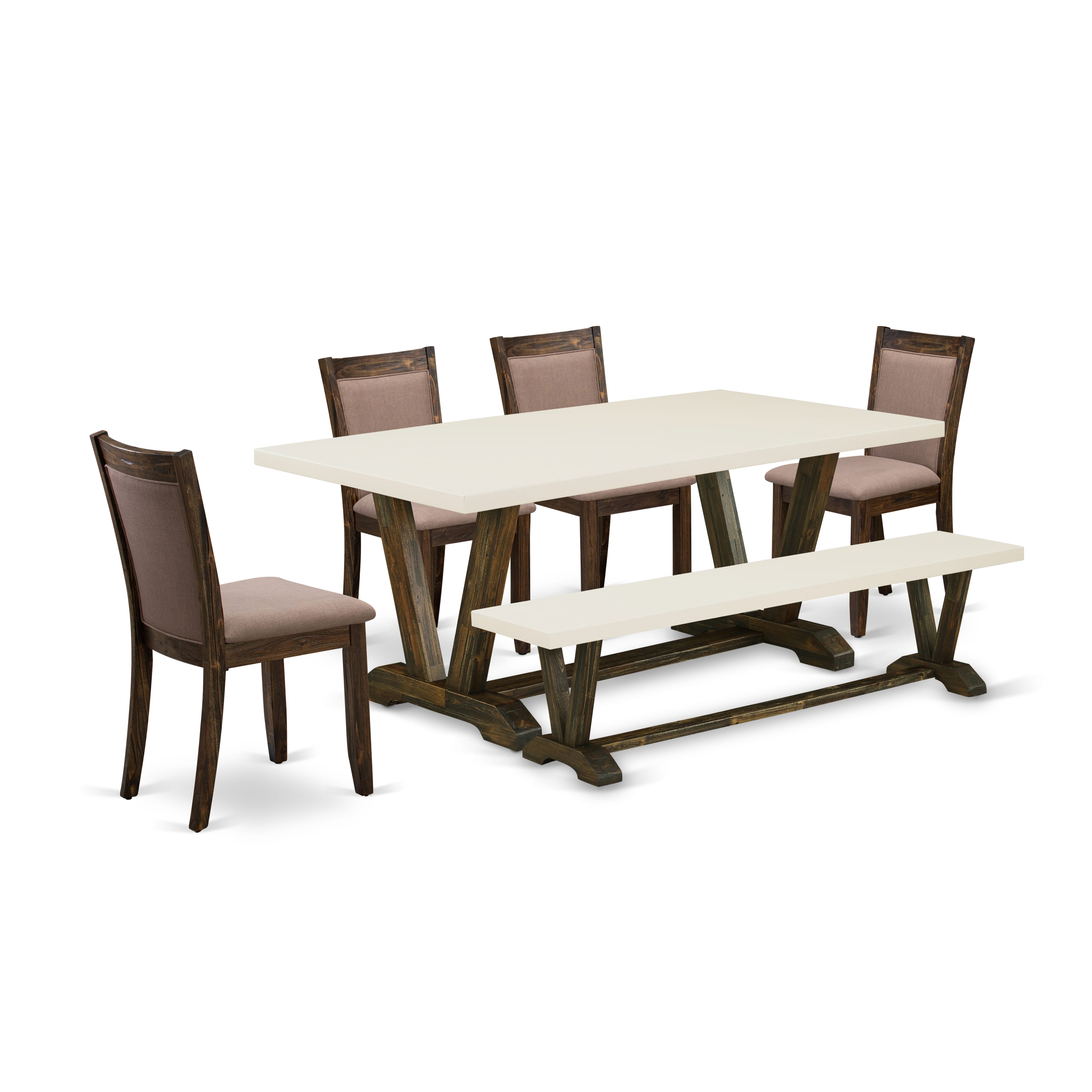 East West Furniture V727MZ748-6 6 Piece Mid Century Dining Set- A linen white Top Dining Table in Trestle Base with Wood Bench and 4 Coffee Linen Fabric Dinner Chairs - Distressed Jacobean Finish